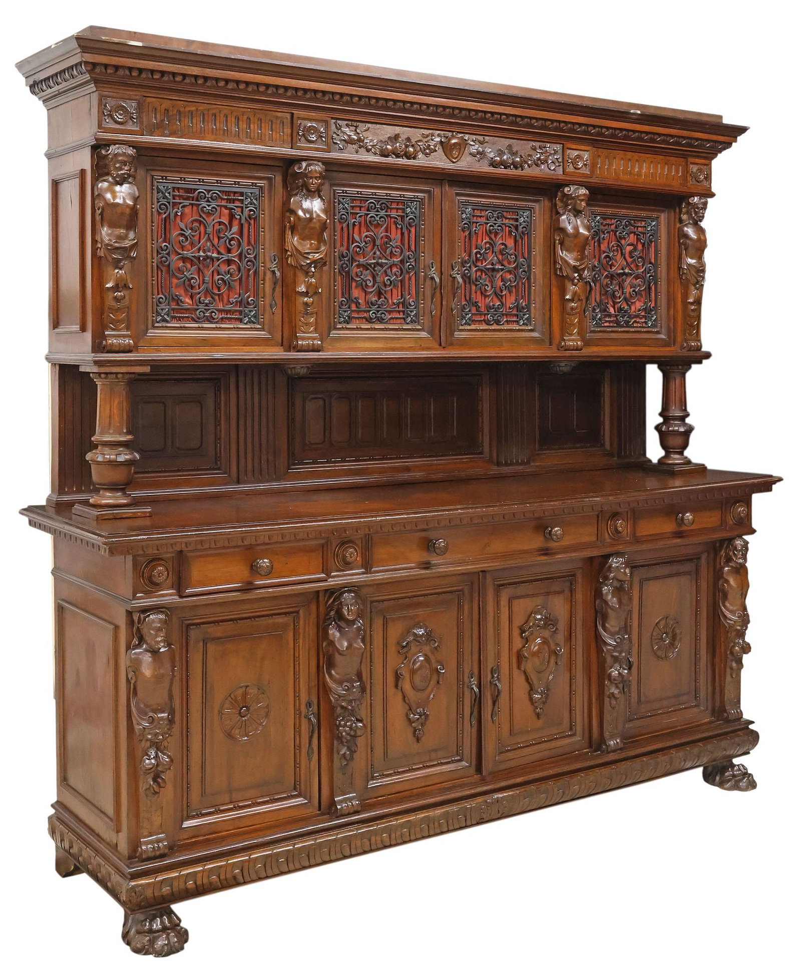 ITALIAN RENAISSANCE REVIVAL CARVED WALNUT & WROUGHT IRON SIDEBOARD (1 of 9)