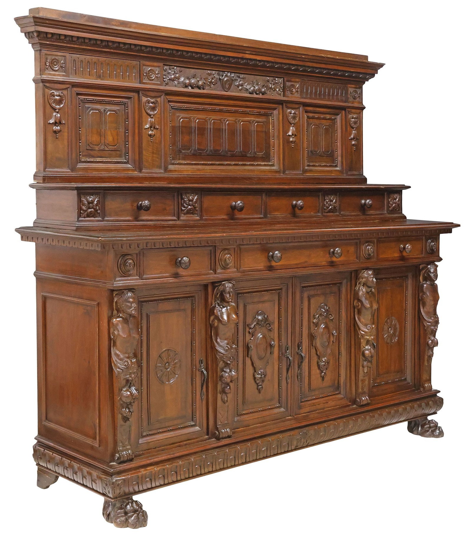 ITALIAN RENAISSANCE REVIVAL CARVED WALNUT FIGURAL SIDEBOARD: Italian Renaissance Revival carved walnut buffet, late 19th c., having molded cornice with egg-and-dart trim, over paneled back with swags of fruit, superstructure fitted with four drawers, lower case