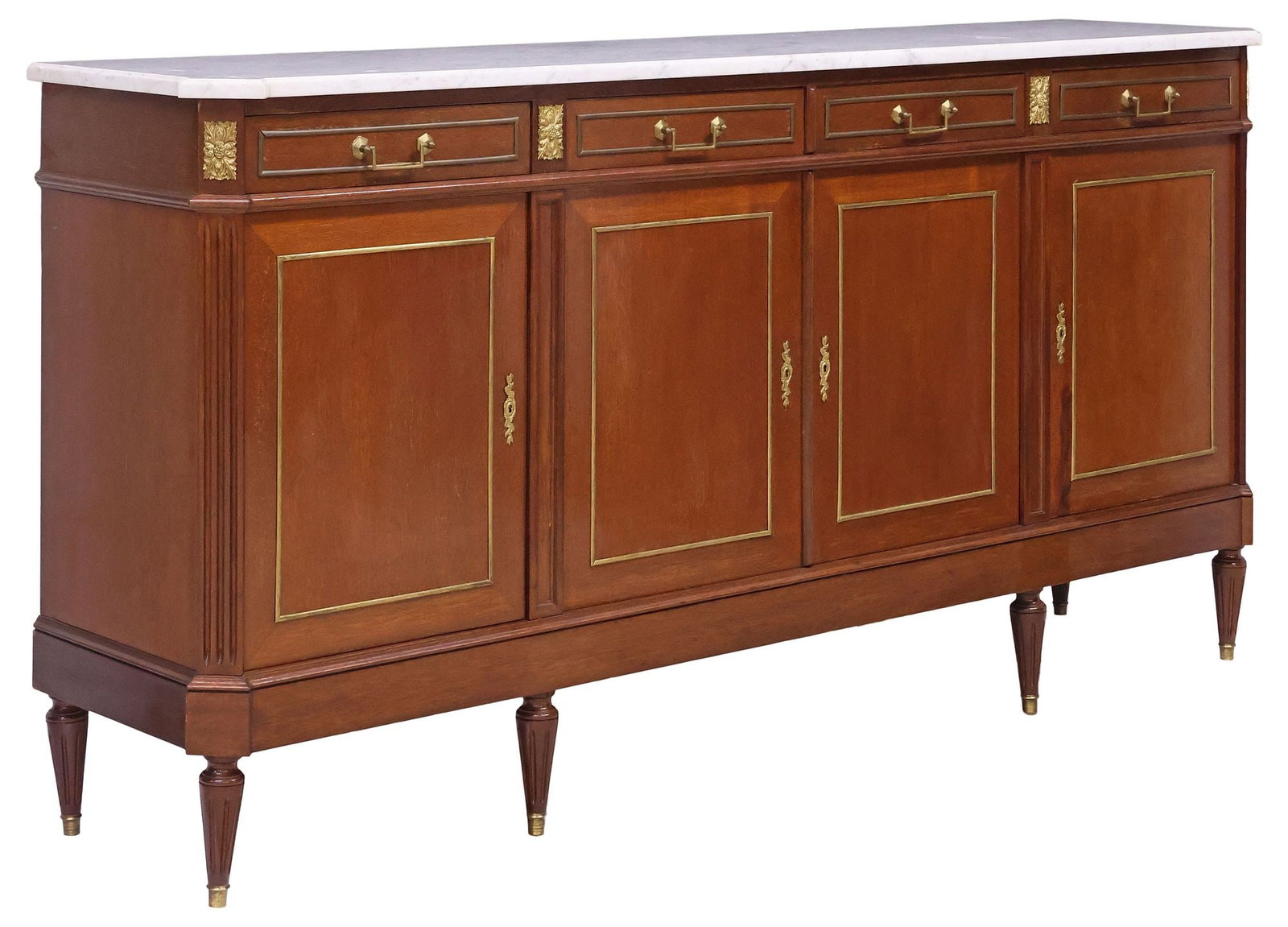 FRENCH LOUIS XVI STYLE MARBLE-TOP MAHOGANY SIDEBOARD: French Louis XVI style mahogany sideboard, 20th c., having canted marble top, above conforming case with gilt-metal trim, fitted with four drawers and four cabinet doors with interior fixed-height she