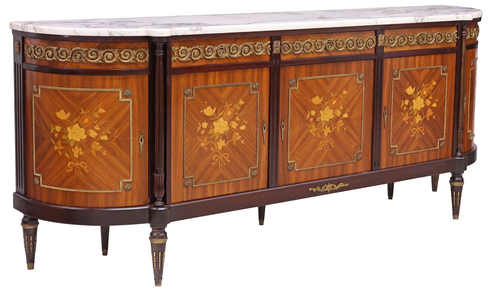 FRENCH LOUIS XVI STYLE MARBLE-TOP MARQUETRY DEMILUNE SIDEBOARD: French Louis XVI style matched-veneer demilune sideboard, 20th c., having marble top, over breakfront case fitted with five drawers and five cabinet doors, revealing fixed-height shelving, with floral
