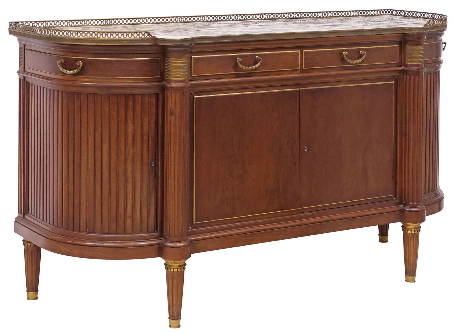 FRENCH LOUIS XVI STYLE MARBLE-TOP MAHOGANY DEMILUNE SIDEBOARD: French Louis XVI style mahogany demilune sideboard, early 20th c., inset marble top with pierced gilt-metal three-quarter gallery, above four drawers, and four cabinet doors, the outer doors with faux