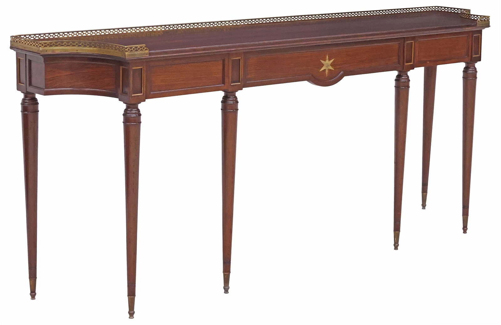 LARGE FRENCH DIRECTOIRE STYLE BRASS-INLAID MAHOGANY CONSOLE, 79"L (1 of 6)