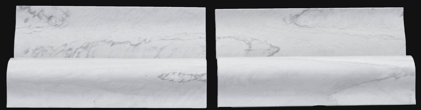 (2) LARGE ART MODERNE CARVED MARBLE SCULPTURAL GARDEN BENCHES, 66"L: (pair) Art Moderne marble garden benches, each modeled as an open book, carved sides emulating book spines and leaves, (one) with restoration at upper corner of reverse side of seatback, approx 33"h, 