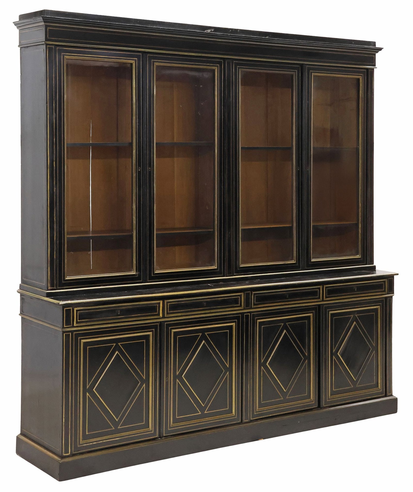 FRENCH DIRECTOIRE STYLE BRASS-INLAID & EBONIZED DISPLAY BOOKCASE, 99"H (1 of 9)