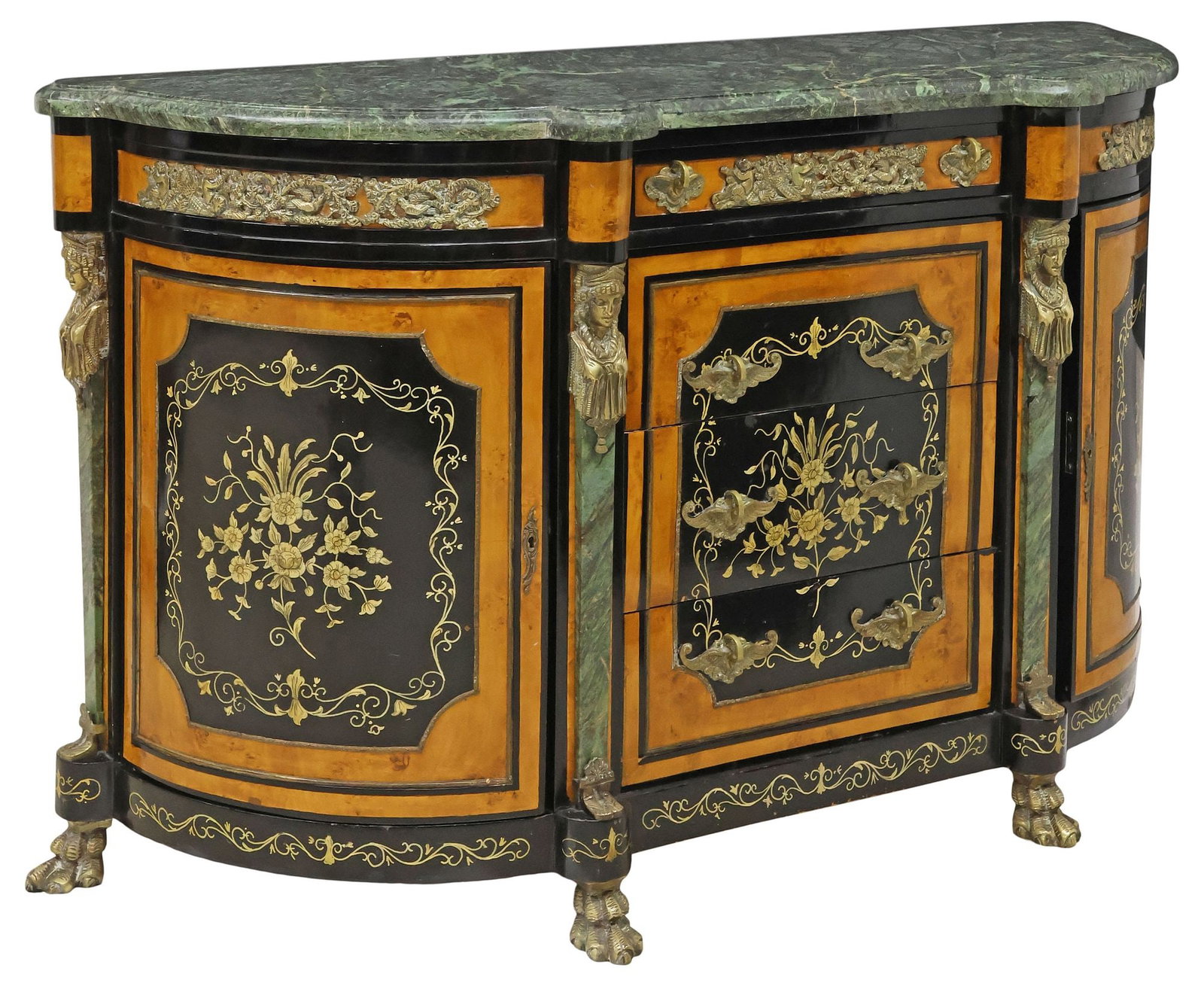 NAPOLEON III PERIOD MARBLE-TOP BRONZE-MOUNTED BURLWOOD SIDEBOARD: Napoleon III parcel-ebonized burlwood sideboard, 19th c., having demilune verde marble top, over shaped case with bronze dore mounts and contrasted paneling, with painted floral spray and scrolling tr