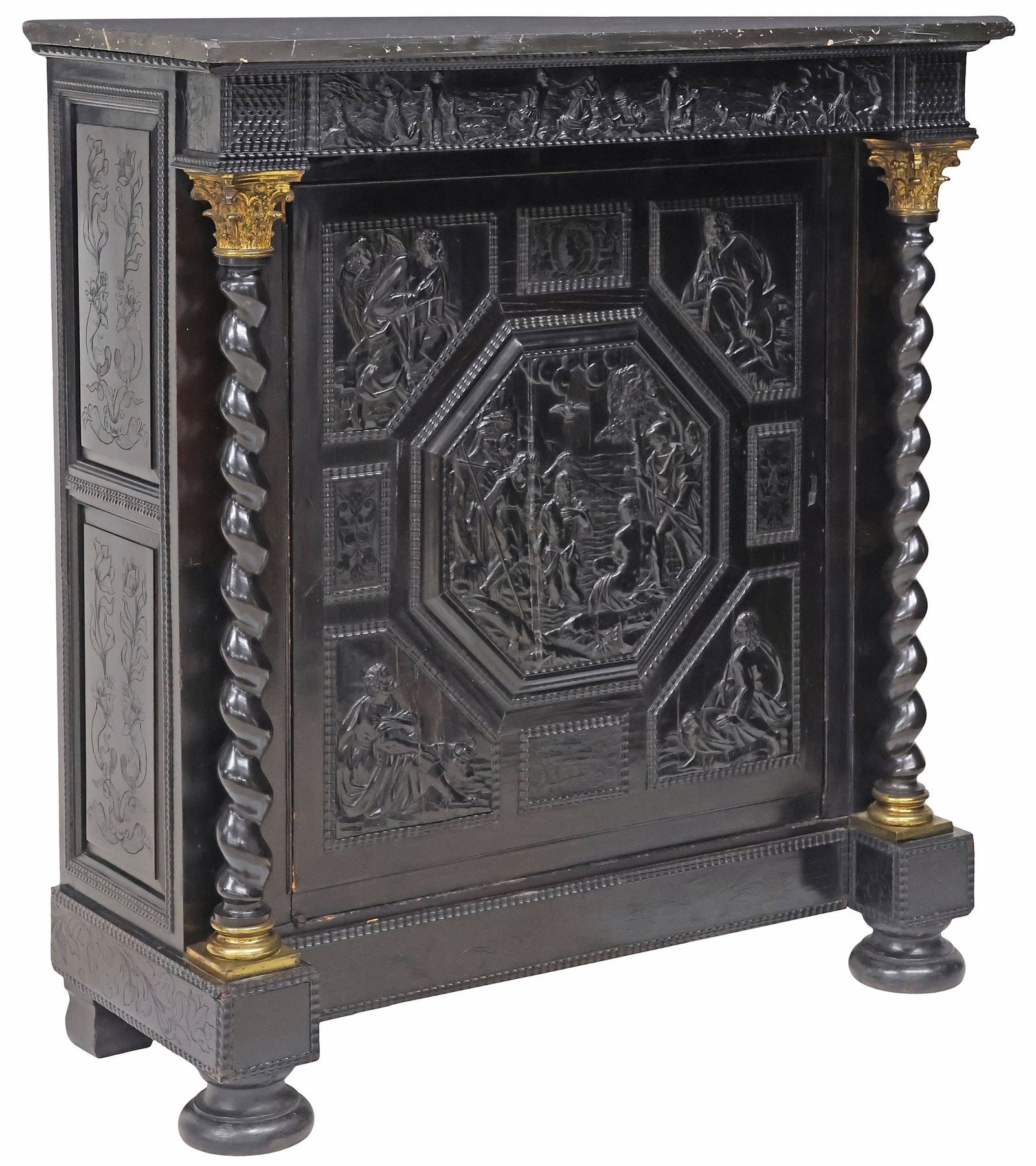 BAROQUE STYLE MARBLE-TOP EBONIZED CABINET WITH BIBLICAL SCENES: Belgian Baroque style ebonized side cabinet, Antwerp, early 18th c., rectangular marble top, over protruding frieze with carved Massacre of the Innocents, above single paneled cabinet door with the Fo