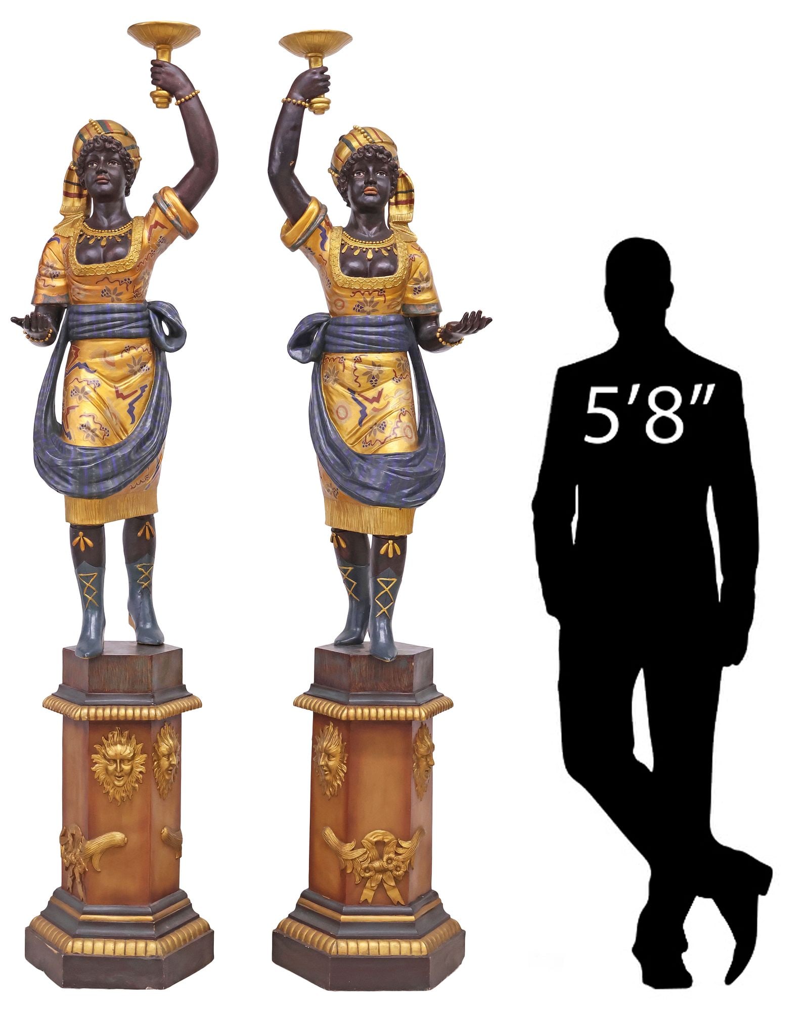(2) LARGE VENETIAN PARCEL-GILT FIGURAL TORCHIERES ON PEDESTALS, 94"H (1 of 8)