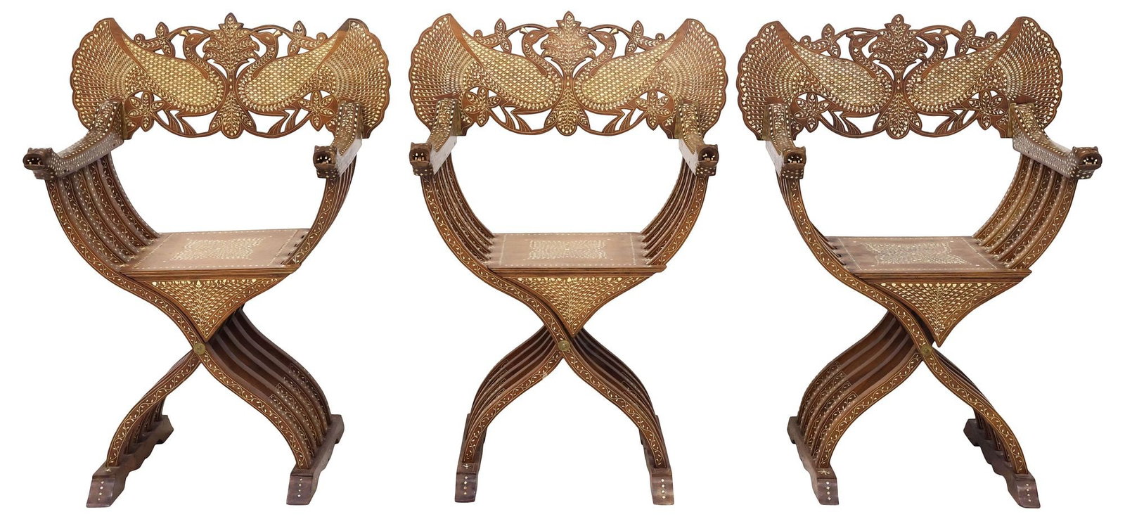 (3) INDIAN INLAID HARDWOOD SAVONAROLA PEACOCK CHAIRS (1 of 6)