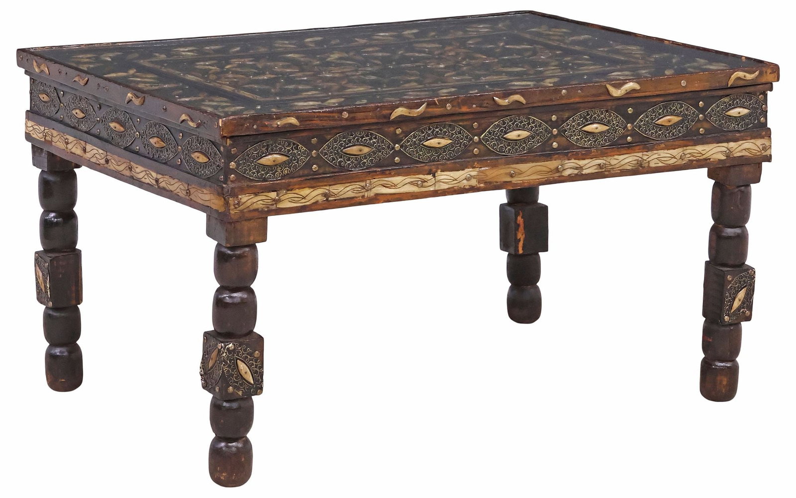 MOROCCAN BONE-INLAID & METAL FILIGREE GLASS-TOP COFFEE TABLE (1 of 6)