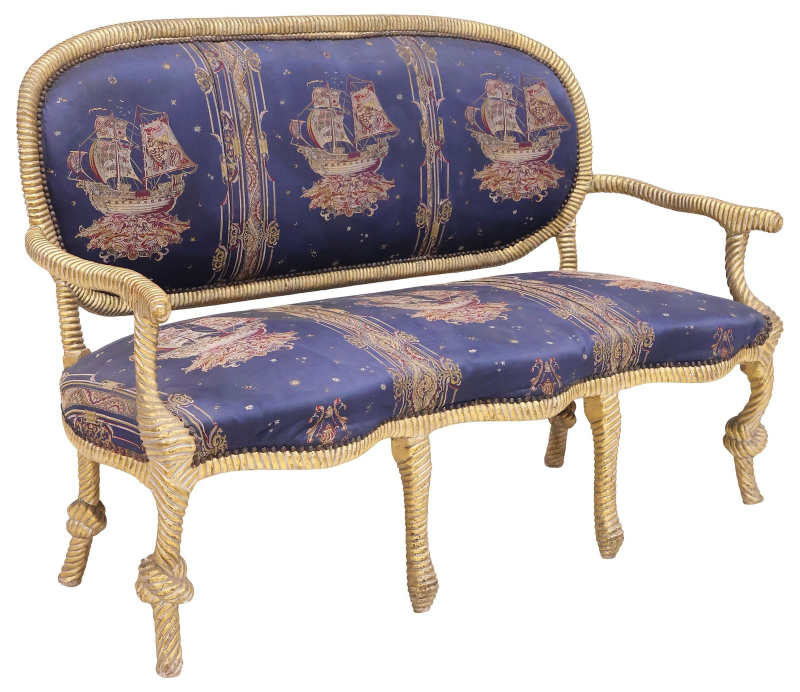 FRENCH NAPOLEON III NAVAL-UPHOLSTERED GILTWOOD ROPE TWIST SALON SOFA (1 of 4)