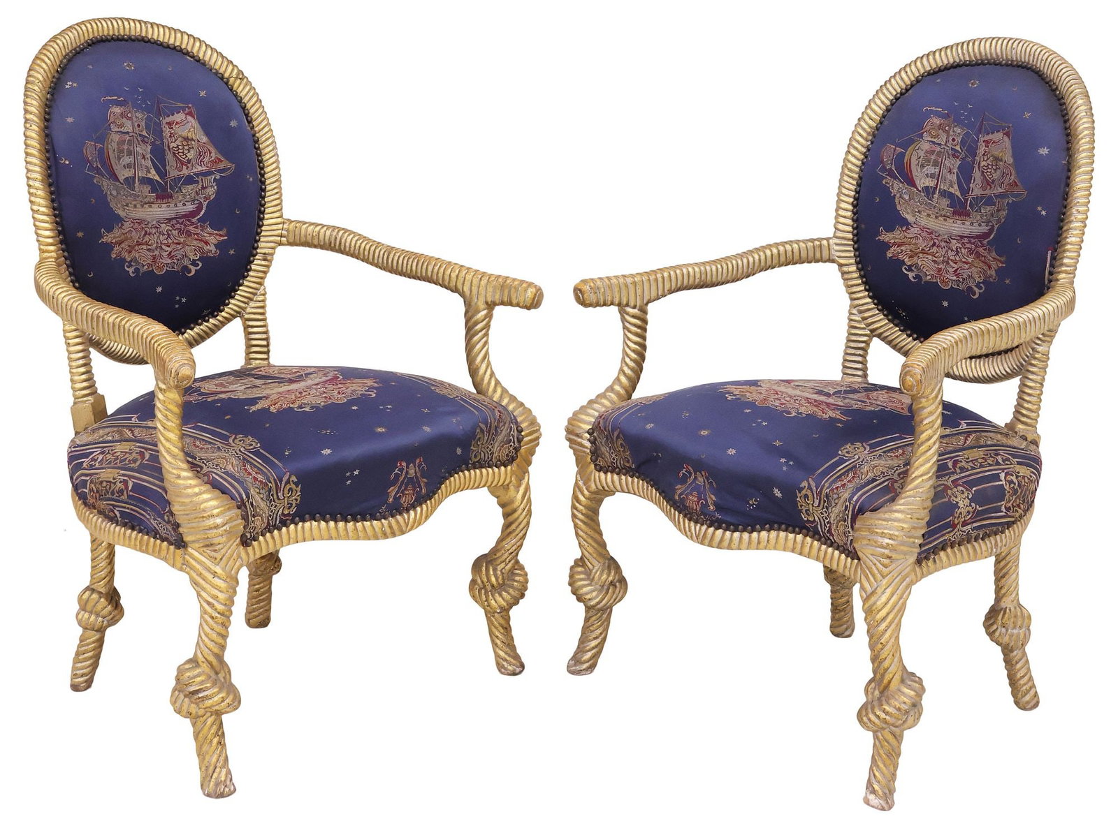 (2) FRENCH NAPOLEON III NAVAL-UPHOLSTERED GILTWOOD ROPE TWIST ARMCHAIRS (1 of 5)