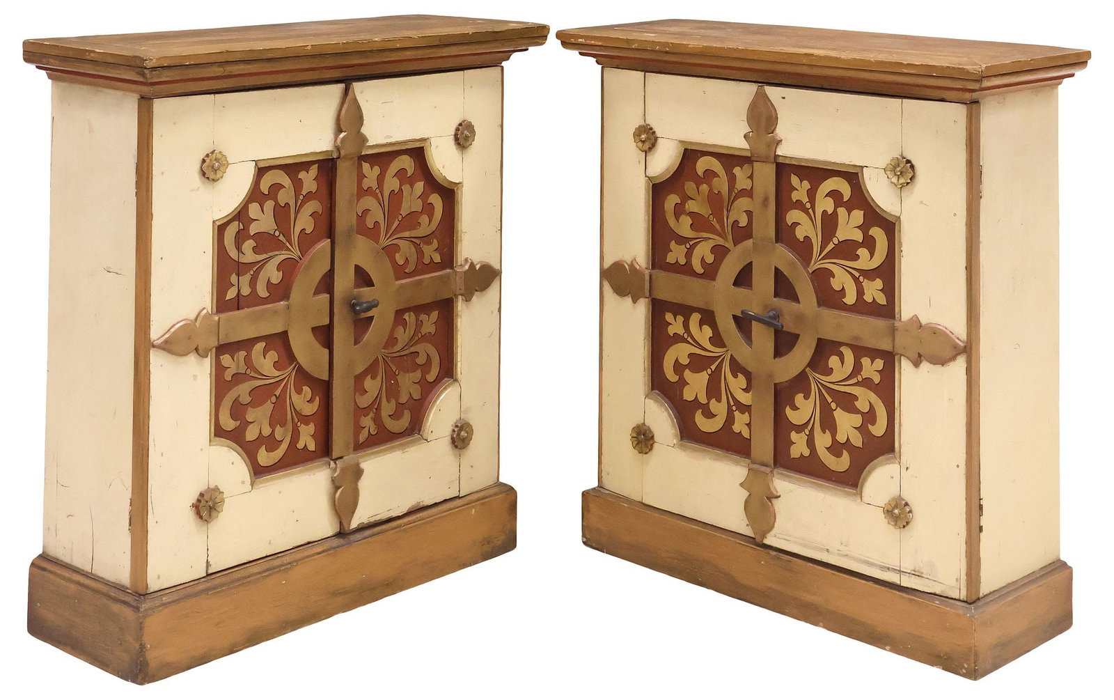 (2) SPANISH PARCEL-GILT PAINTED CABINETS W/ CROSS MOTIFS: (pair) Spanish paint-decorated cabinets, early 20th c., each having dual cabinet doors, with raised cross motif framed by foliate scrollwork, revealing fixed height shelving, on platform base, approx 
