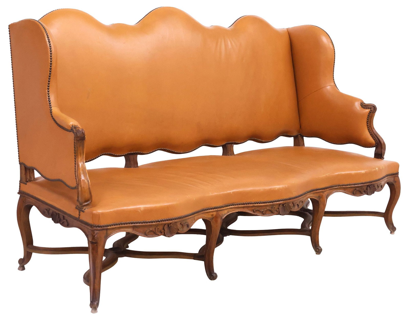LARGE FRENCH ROCOCO REVIVAL LEATHER-UPHOLSTERED WALNUT CANAPE SOFA (1 of 3)