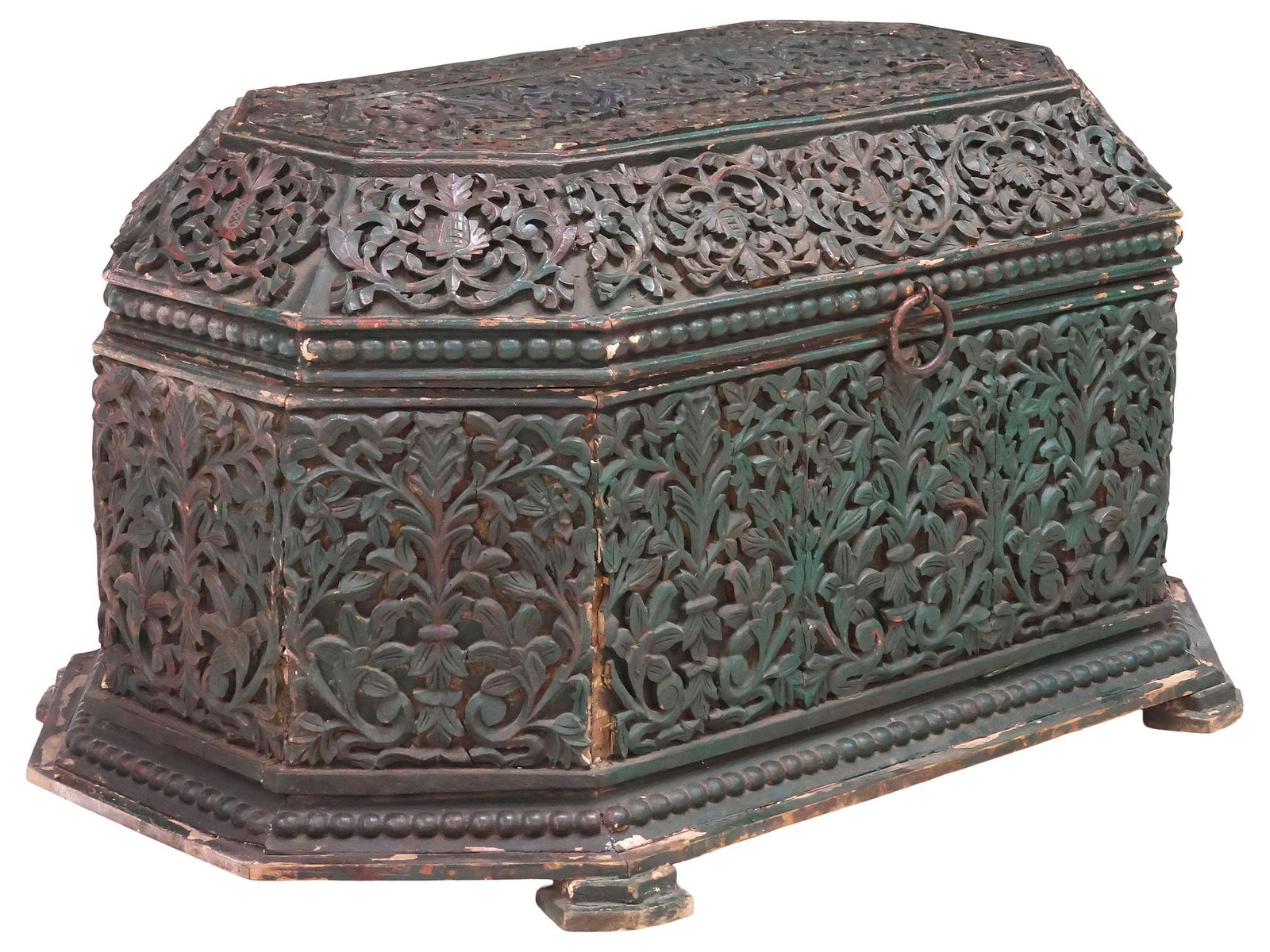 ORNATE CARVED & PAINT-DECORATED HARDWOOD STORAGE TRUNK / CHEST (1 of 5)