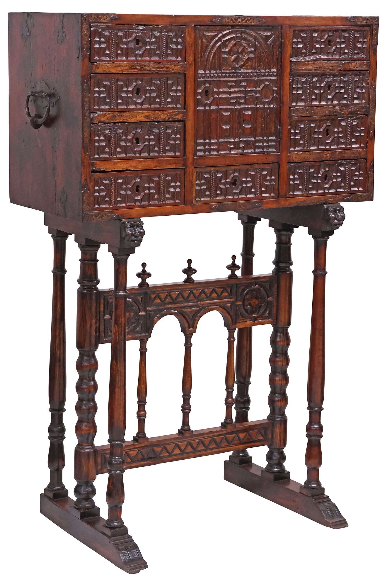 SPANISH BAROQUE STYLE PANELED OAK VARGUENO CABINET ON STAND (1 of 8)