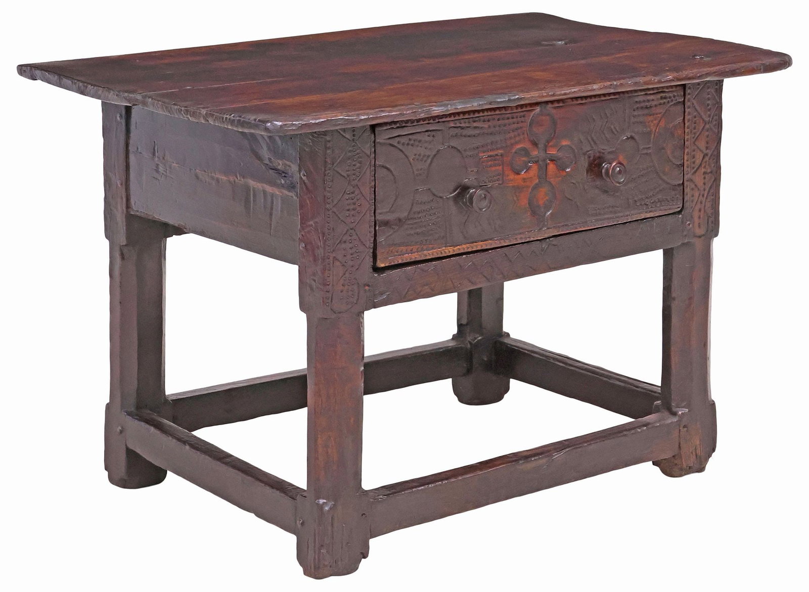 SMALL RUSTIC SPANISH BAROQUE PERIOD INCISED SINGLE-DRAWER SIDE TABLE (1 of 5)