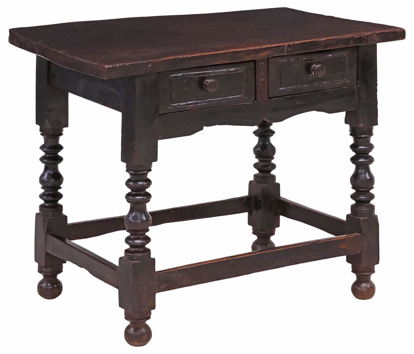 ITALIAN TURNED WALNUT TWO-DRAWER SIDE TABLE, 18TH C.: Italian walnut side table, 18th c., having rectangular single-board top, over two narrow drawers, on spool-turned legs joined by box stretcher, ending on bun feet, evidence of old woodworm resulting i