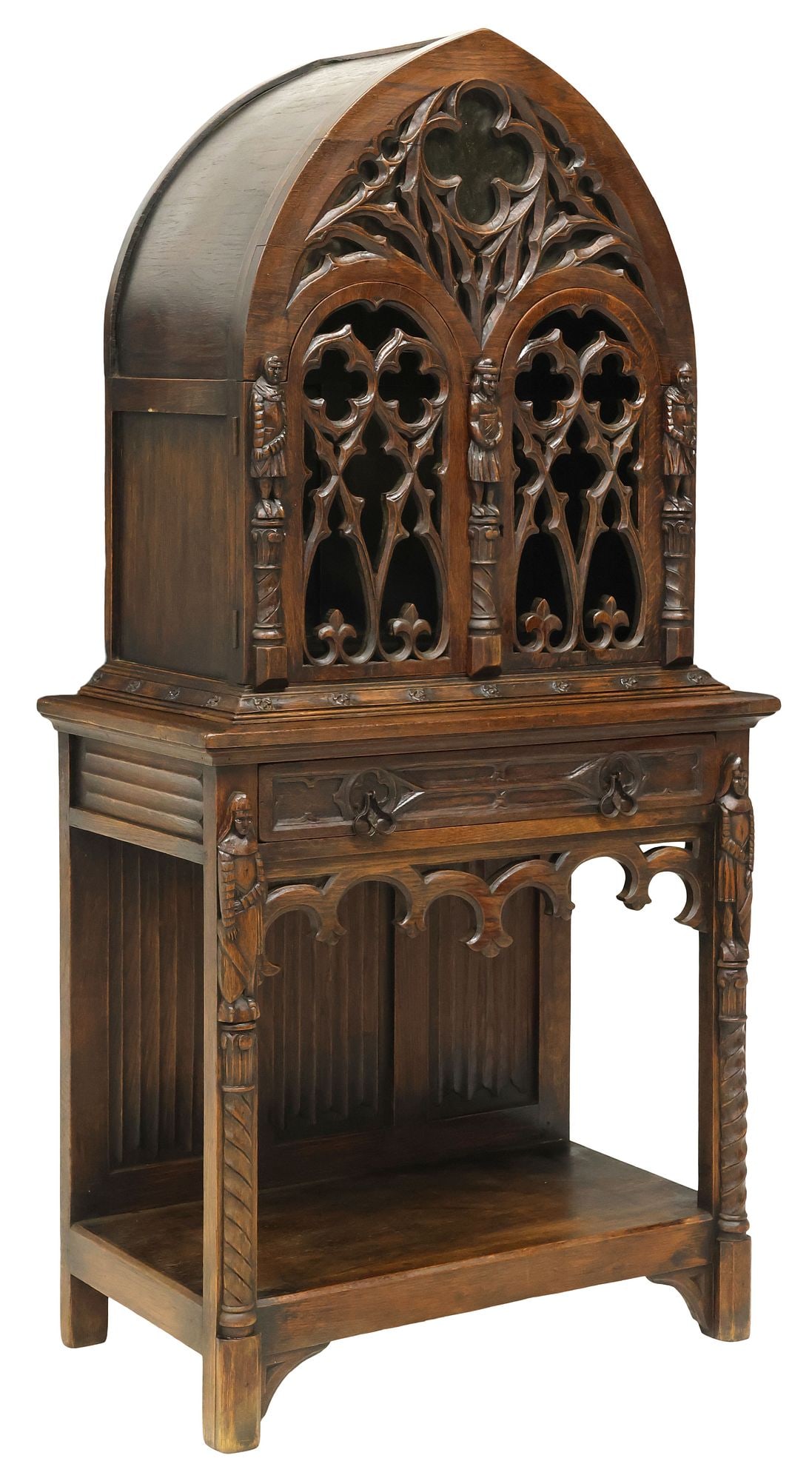 FRENCH GOTHIC REVIVAL CARVED OAK & STAINED GLASS CREDENCE CABINET (1 of 8)