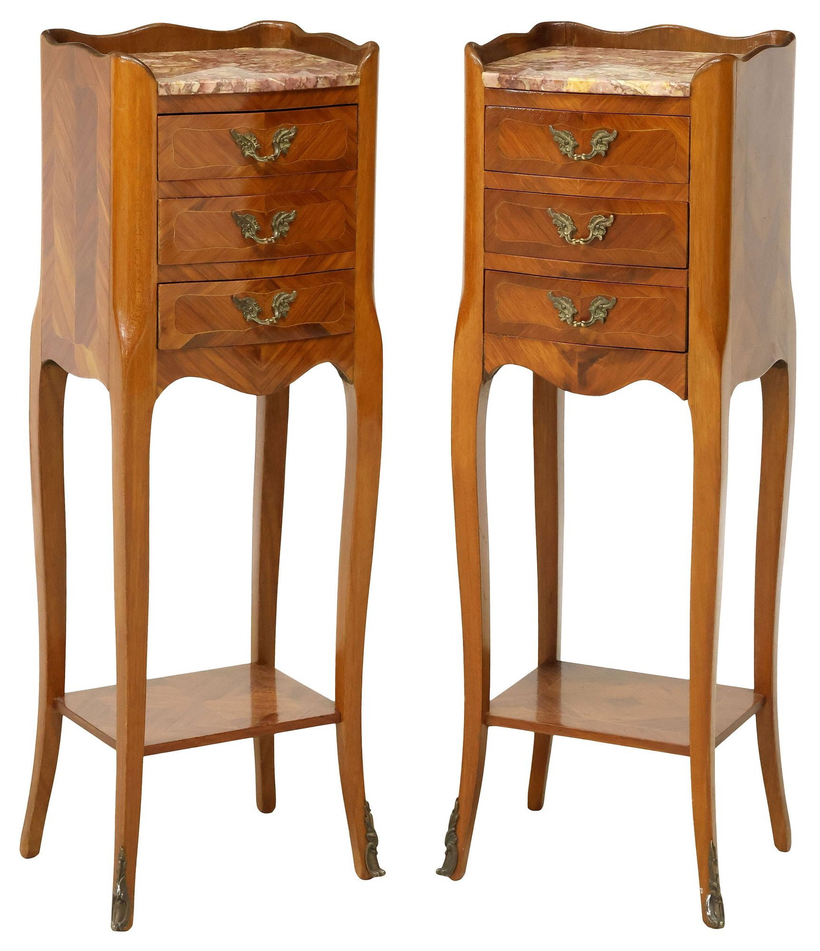 (2) FRENCH LOUIS XV STYLE MARBLE-TOP PETITE NIGHTSTANDS: (pair) Louis XV style matched veneer petite nightstands, each with inset marble top and three-quarter gallery, above three drawers with string inlay trim, rising on tapering cabriole legs joined by me