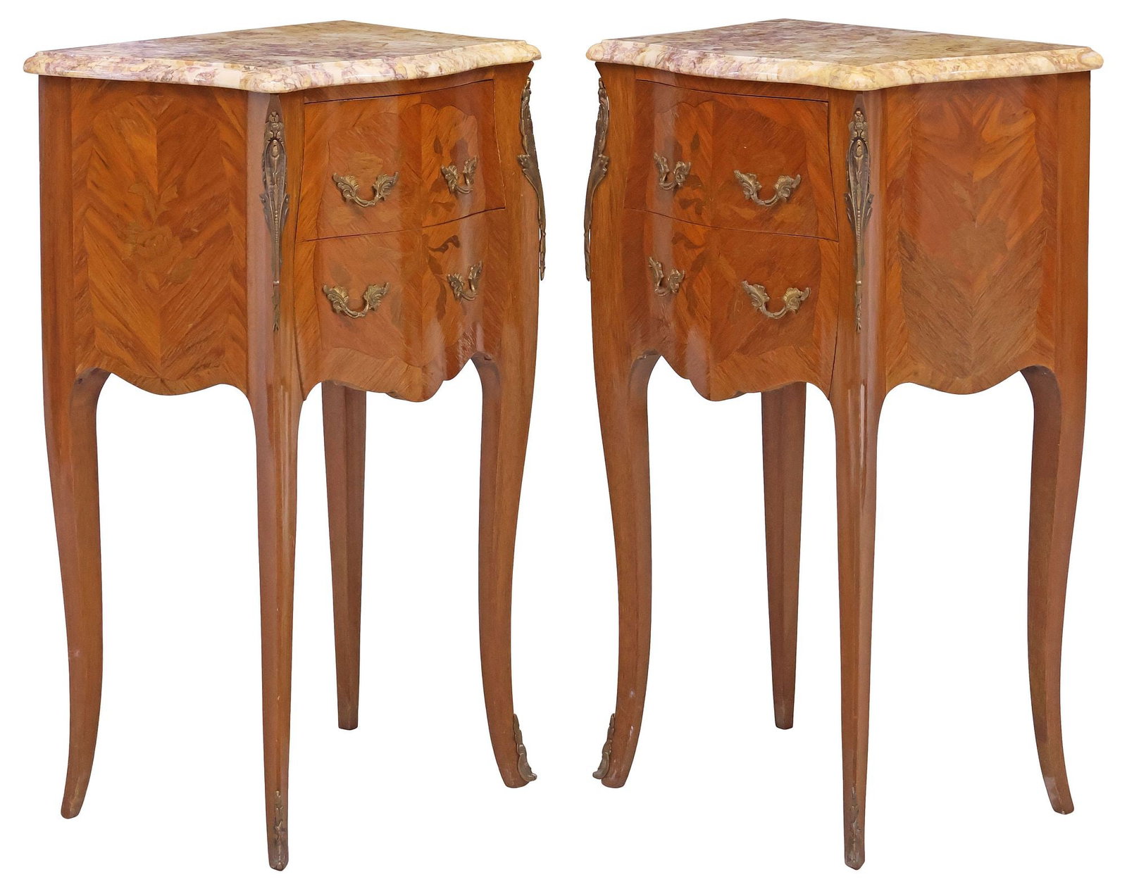 (2) FRENCH LOUIS VX STYLE MARBLE-TOP MARQUETRY NIGHTSTANDS: (pair) French Louis XV style matched-veneer nightstands, early 20th c., each having a shaped marble top, above two drawers with floral and foliate marquetry, rising on tapering cabriole legs, ending o