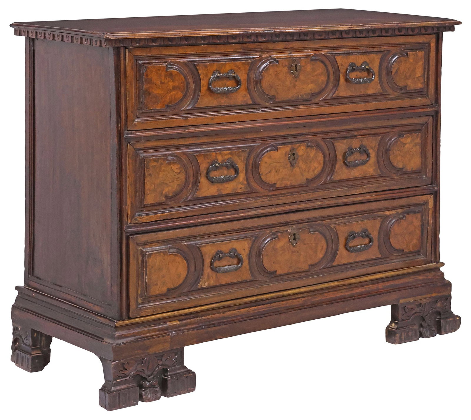 ITALIAN BAROQUE PERIOD BURL WALNUT 3-DRAWER COMMODE, 18TH C. (1 of 6)