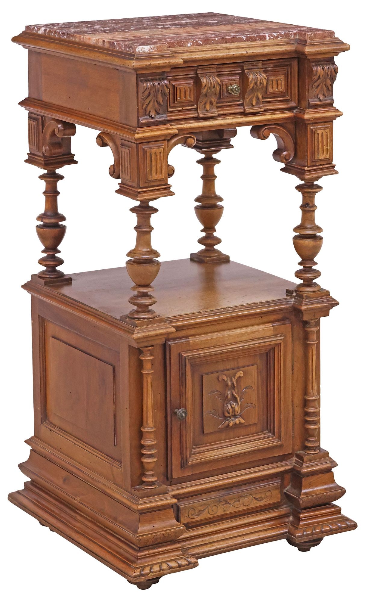 FRENCH HENRI II STYLE MARBLE-TOP CARVED WALNUT BEDSIDE CABINET: French Henri II style carved walnut nightstand, 19th c., having inset marble top, above single drawer and medial shelf, lower cabinet door revealing marble-lined interior, with foliate accents, rising
