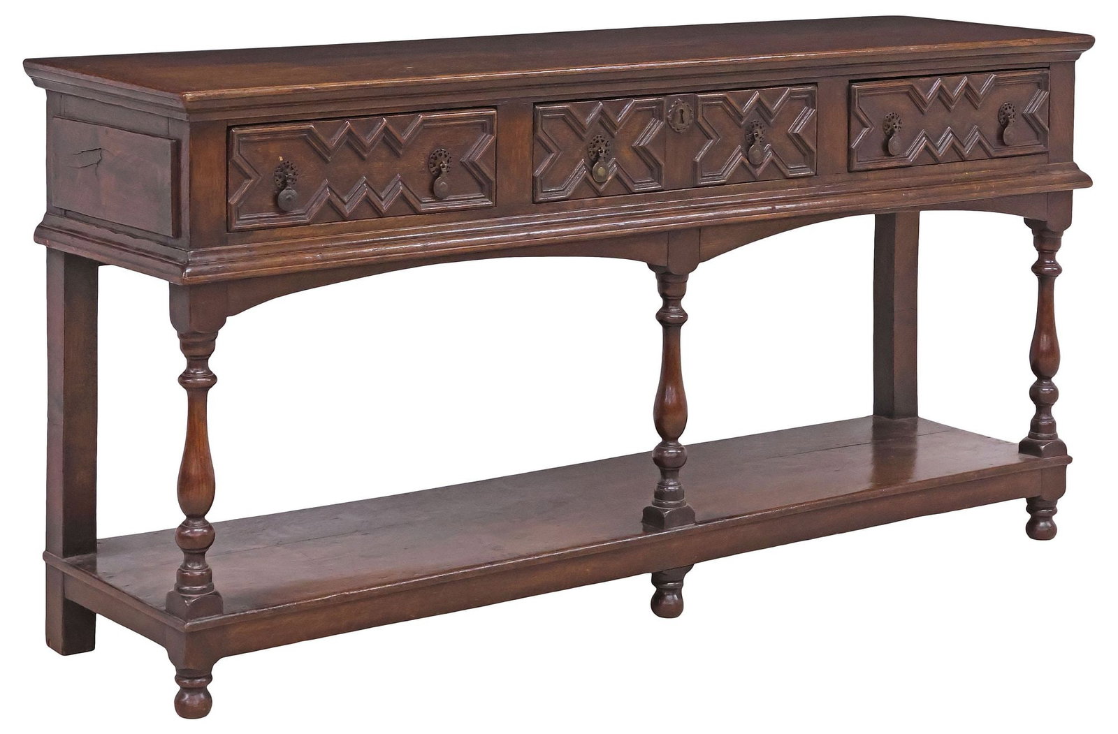 JACOBEAN STYLE PANELED OAK 3-DRAWER CONSOLE TABLE (1 of 5)