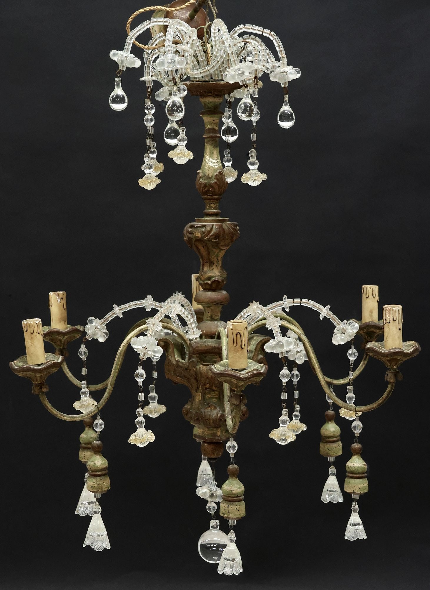 ITALIAN BAROQUE STYLE MARBLEIZED & CRYSTAL-BEADED 6-LT CHANDELIER: Italian Baroque style paint-decorated wood and crystal six-light chandelier, early 20th c., in a distressed marbleized finish, having scrolled crystal beadwork, over turned-form standard, issuing scro
