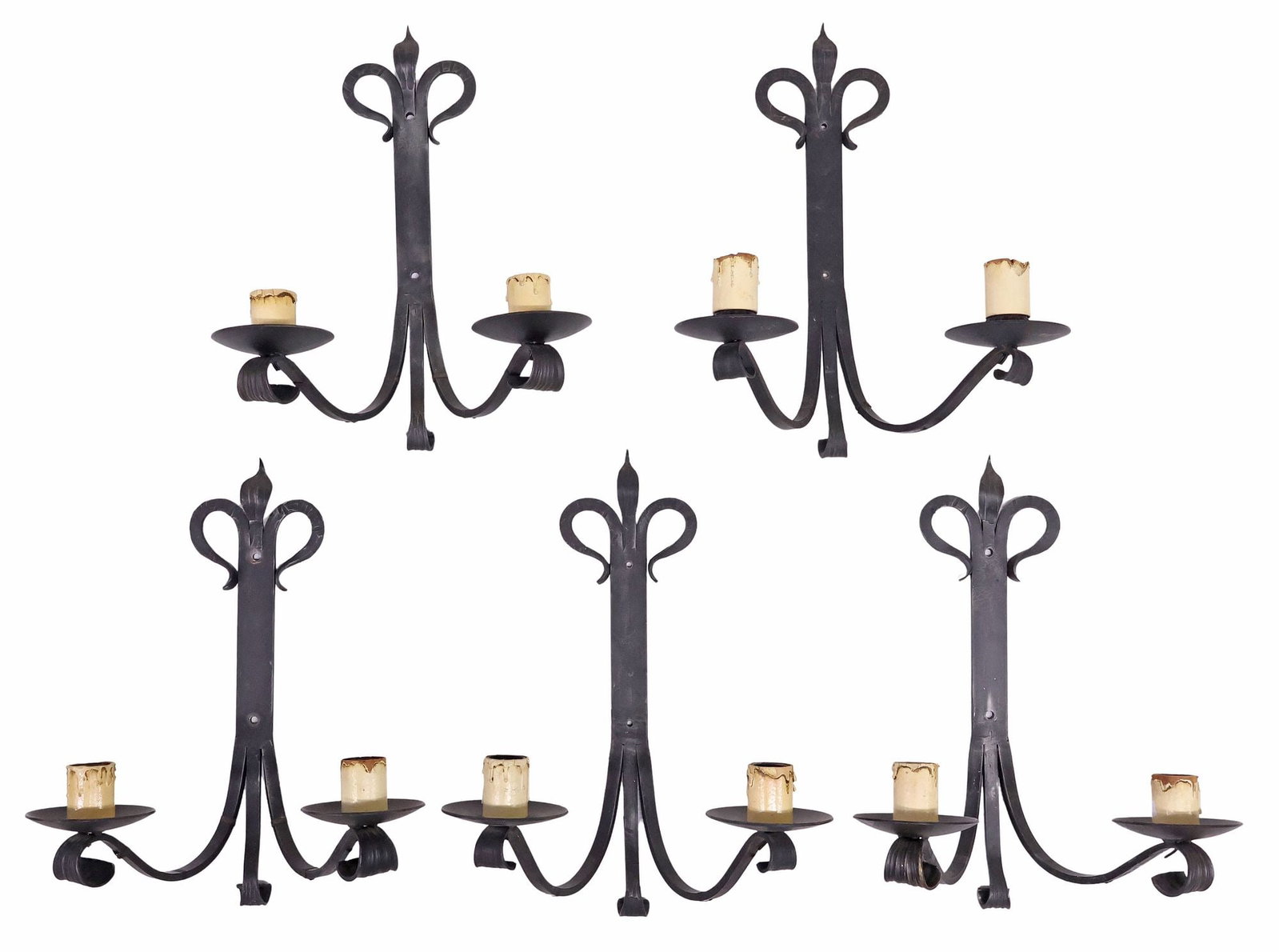(5) FRENCH GOTHIC STYLE WROUGHT IRON 2-LIGHT WALL SCONCES: (lot of 5) French Gothic style wrought iron two-light wall sconces, 20th c., having scrolled wall plate, supporting curving arms ending in faux candles, in need of wiring, approx 19"h, 15"w 10"d, 28lb