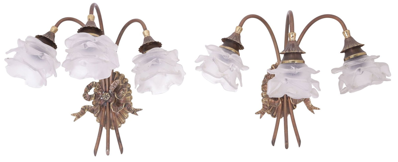 (2) ITALIAN GILT-METAL & FROSTED GLASS FLORAL 3-LIGHT WALL SCONCES (1 of 3)