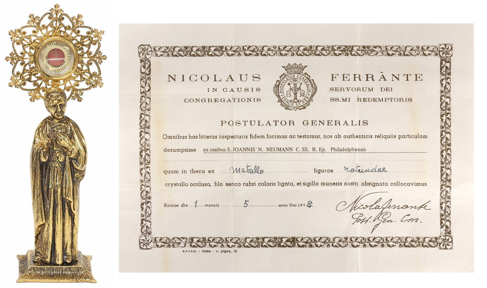 1ST-CLASS RELIC OF ST. JOHN NEUMANN IN FIGURAL ALTAR RELIQUARY WITH COA: First-class (ex ossibus) relic of Saint John Neumann (John Nepomucene Neumann, Bohemian-born American, fourth Bishop of Philadelphia, founder of the first Catholic Diocesan school system in the United