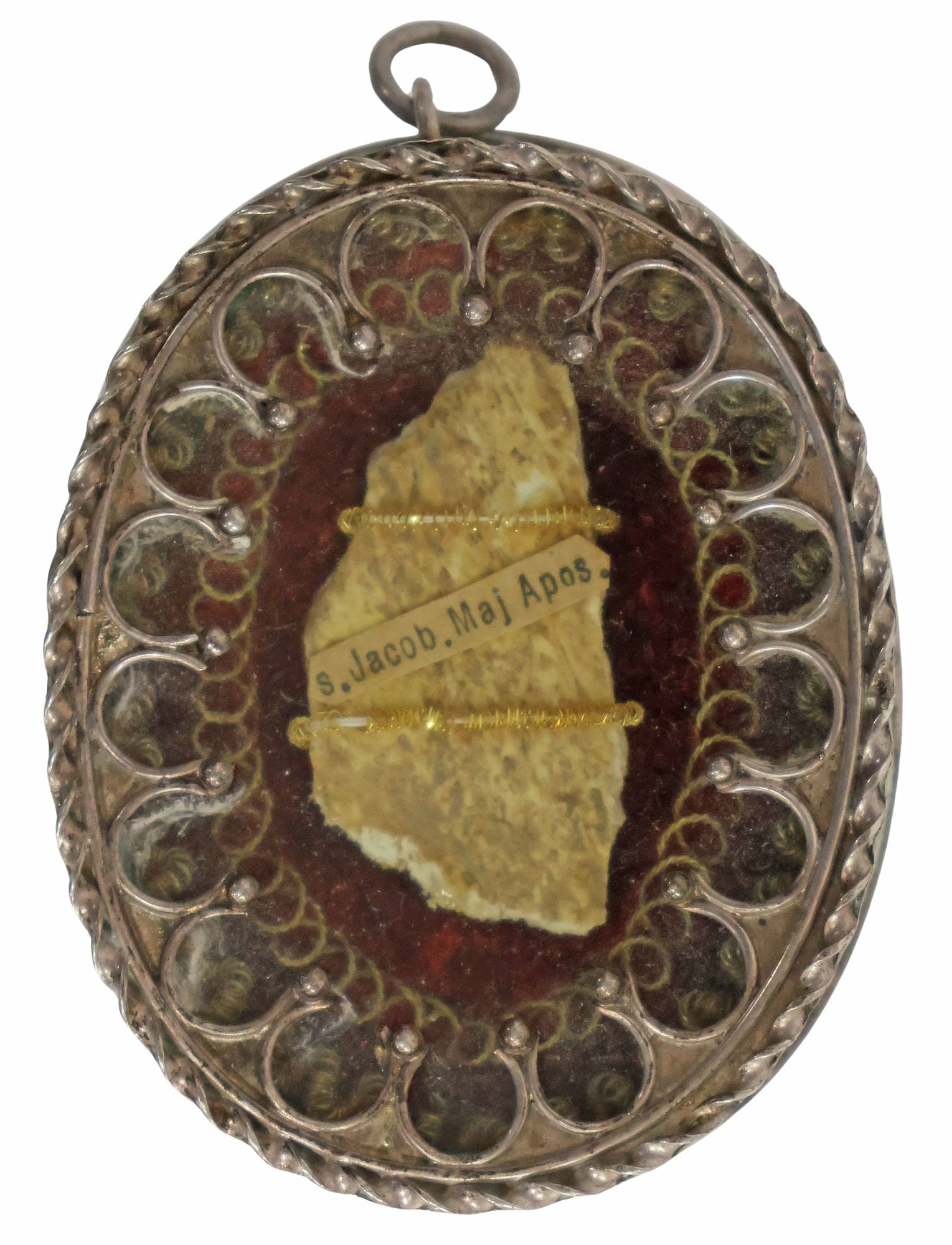 LARGE 1ST-CLASS EX OSSIBUS RELIC OF ST. JAMES THE GREAT IN THECA: Large first-class (ex ossibus) relic of Saint James the Great (son of Zebedee, one of the Twelve Apostle of Jesus Christ), the central figure in the famous "Camino de Santiago" pilgrimage, housed in a