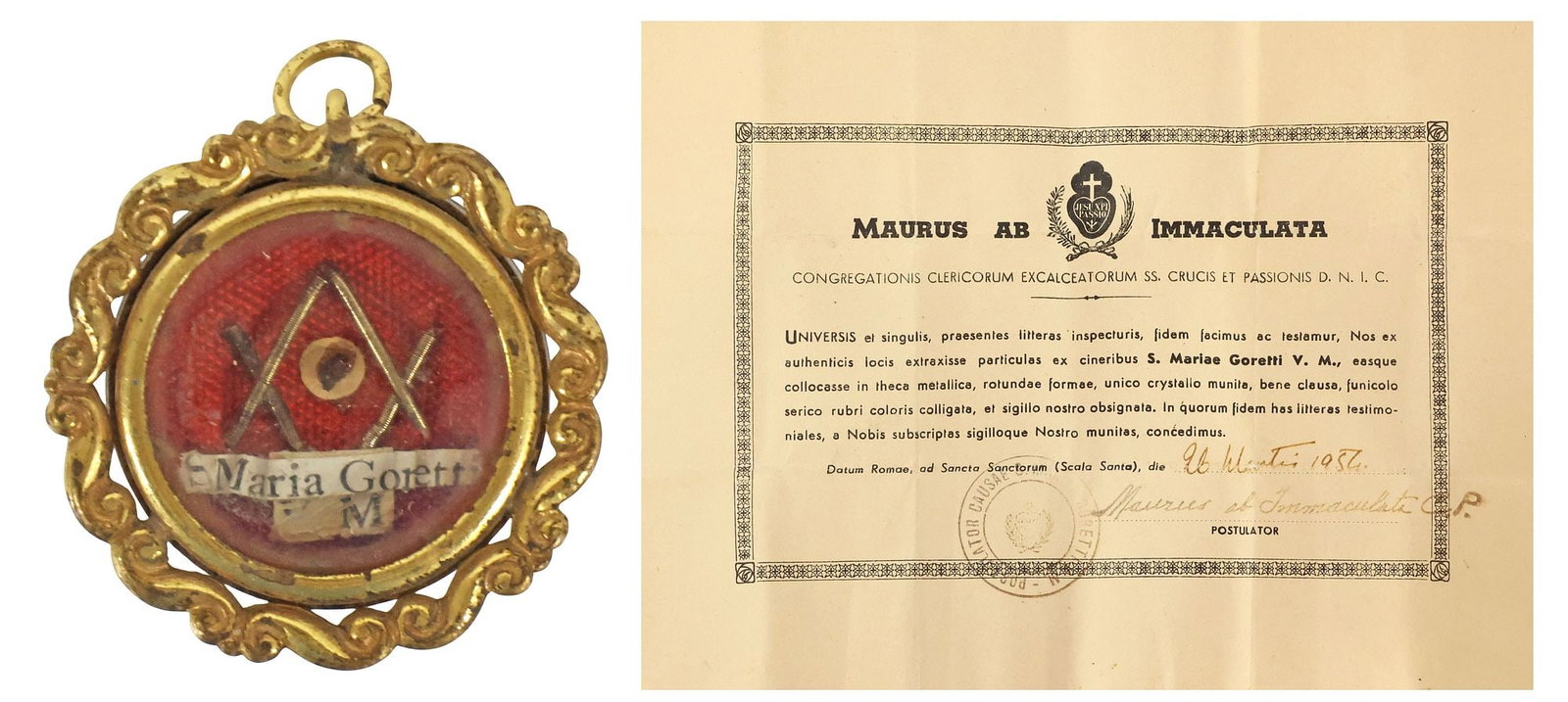 1ST-CLASS RELIC OF ST. MARIA GORETTI IN THECA & CASE WITH COA: Religious first-class (ex cineribus) relic of Saint Maria Goretti (Virgin and Martyr, one of the youngest Catholic Saints, Italian, 1890-1902), housed in a gold-tone metal theca reliquary with scallop