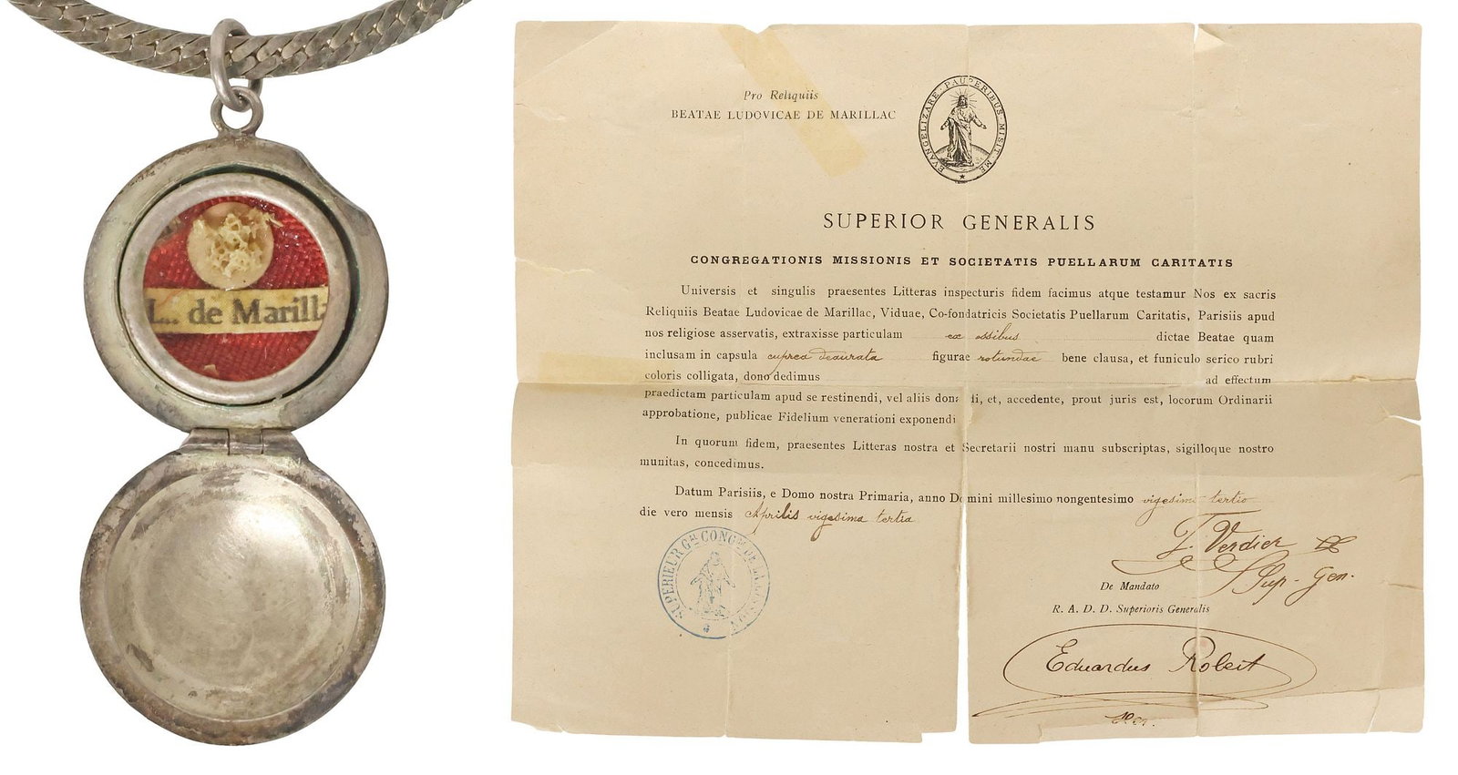 RELIQUARY LOCKET CONTAINING 1ST-CLASS RELIC OF ST. LOUISE DE MARILLAC WITH COA: Religious first-class (ex ossibus) relic of Saint Louise de Marillac (also known as Louise Le Gras, co-founder of the Daughters of Charity, French, 1591-1660), housed in a silver-tone metal locket rel
