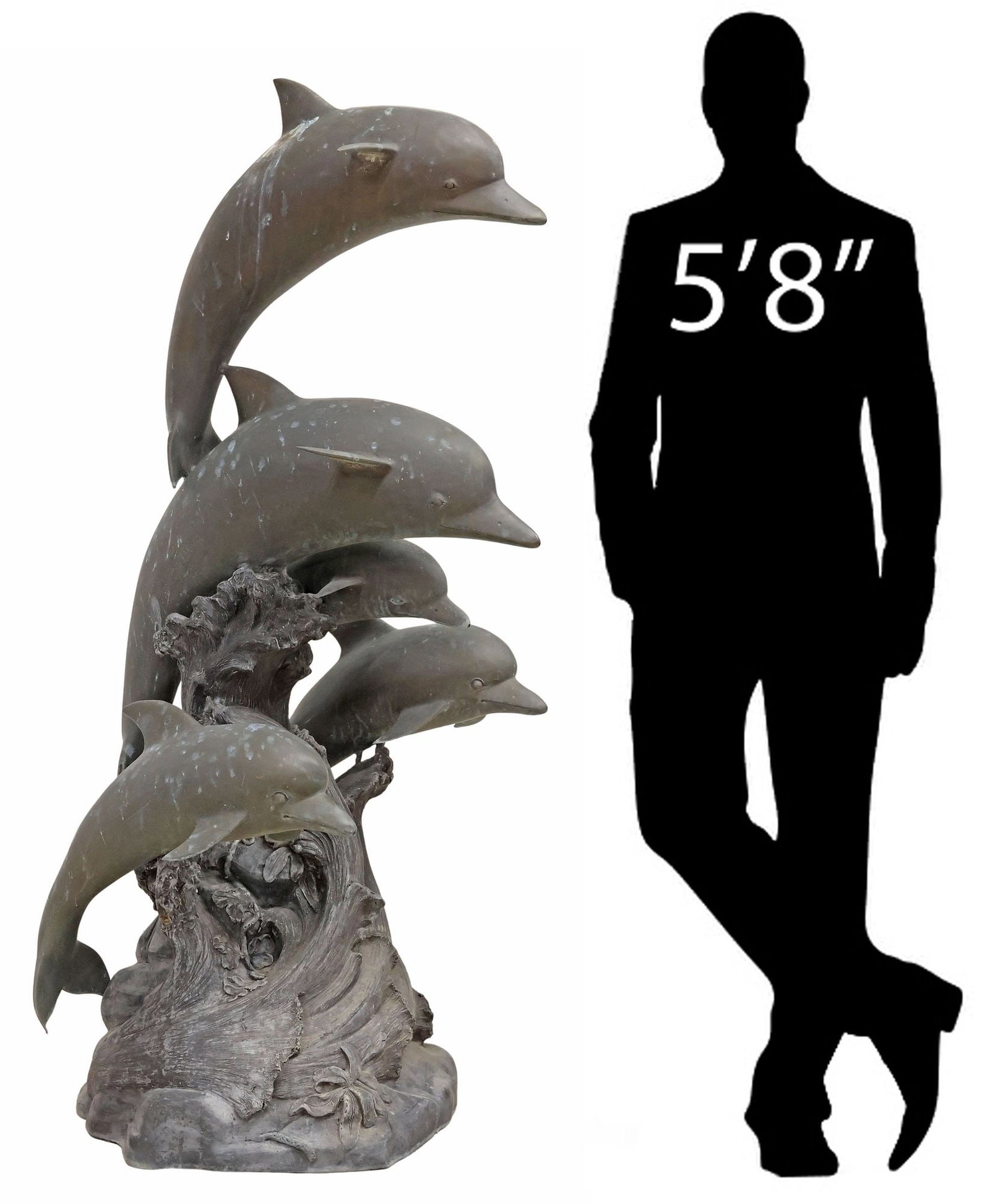 LARGE PATINATED BRONZE FIGURAL 'POD OF DOLPHINS' GARDEN FOUNTAIN 66"H: Patinated bronze figural garden fountain, modeled as a family of five staggered dolphins with spouts equipped at the mouth, swimming atop a voluminous wave, approx 66"h, 33"w, 33"d **PLEASE NOTE: All 