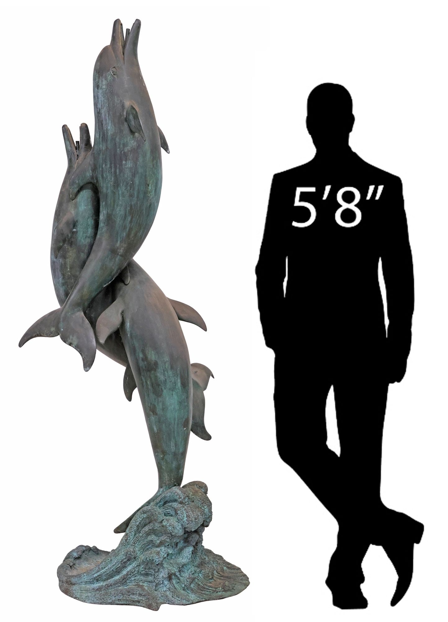 LARGE VERDIGRIS-PATINATED BRONZE GARDEN FOUNTAIN, DOLPHINS, 76"H (1 of 6)