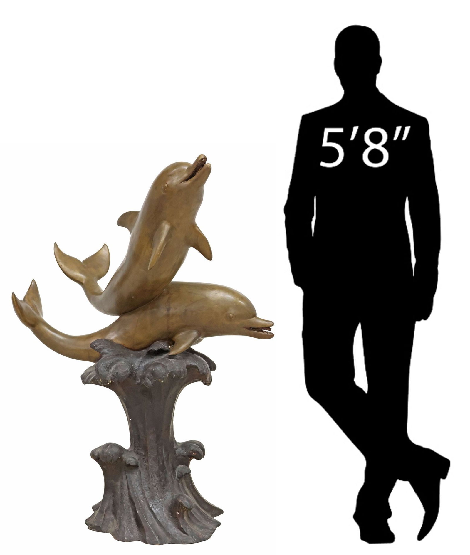 PARCEL-GILT PATINATED BRONZE FIGURAL 'DOLPHINS' GARDEN FOUNTAIN: Patinated bronze figural garden fountain, modeled as a pair of dolphins with spouts fitted in the beak, swimming atop a wave in a contrasting patina, approx 43"h, 16"w, 30"d **PLEASE NOTE: All cast st