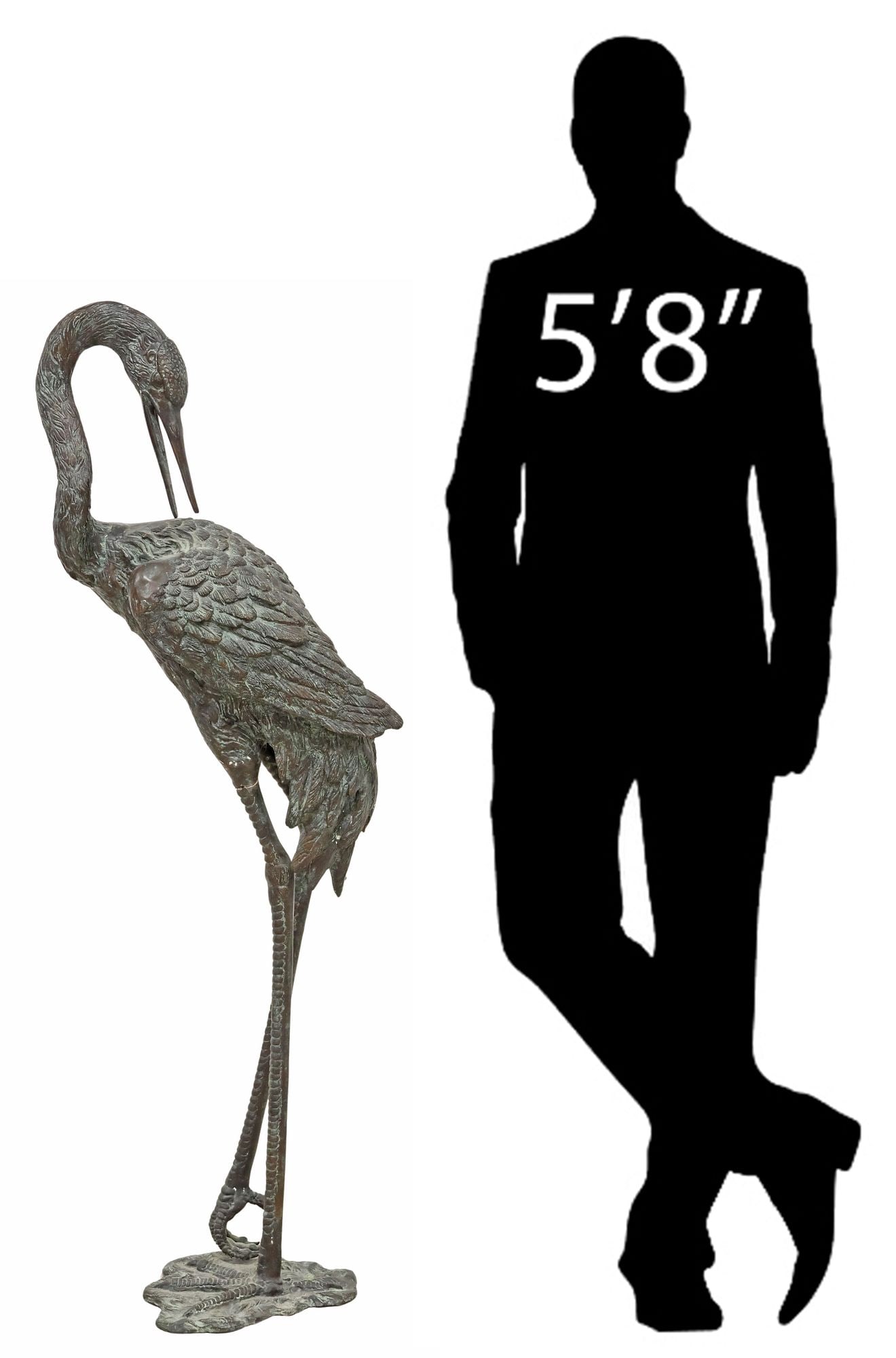 MAITLAND-SMITH LIFE-SIZE VERDIGRIS BRONZE GARDEN SCULPTURE, CRANE 41 3/8"H: Life-size bronze garden sculpture, Crane, Maitland-Smith, with remnants of a verdigris patina, retaining tag, approx 41 3/8"h, 14.5"w, 8"d **NOTE: matching sculpture sold in this auction** **PLEASE NO