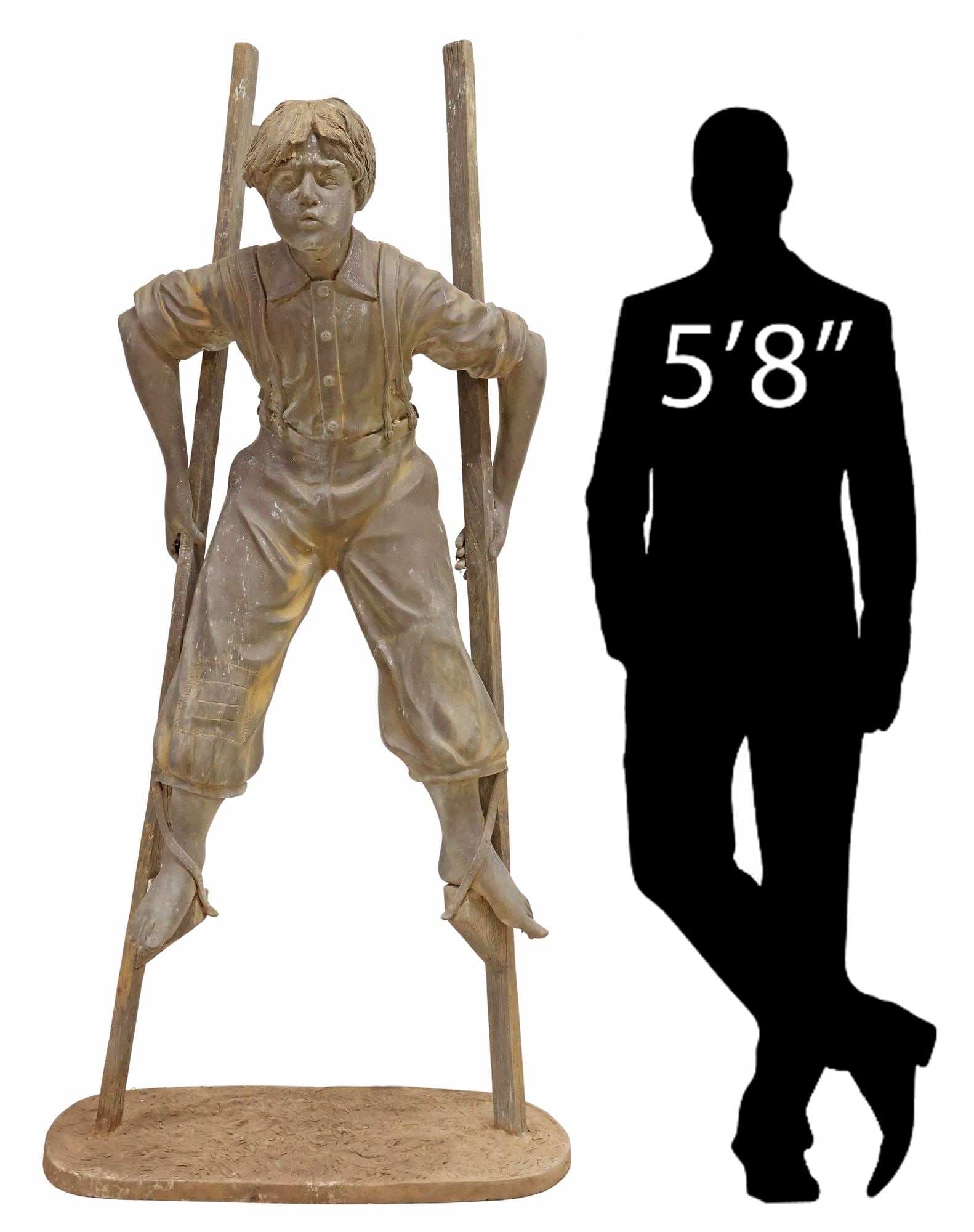 LIFE-SIZE PATINATED BRONZE GARDEN SCULPTURE, BOY ON STILTS, 71.25"H: Life-size patinated bronze garden sculpture, Boy on Stilts, on naturalistic base, approx 71.25"h, 32"w, 20"d **PLEASE NOTE: All of the cast stone and garden pieces in this auction have inherent flaws 