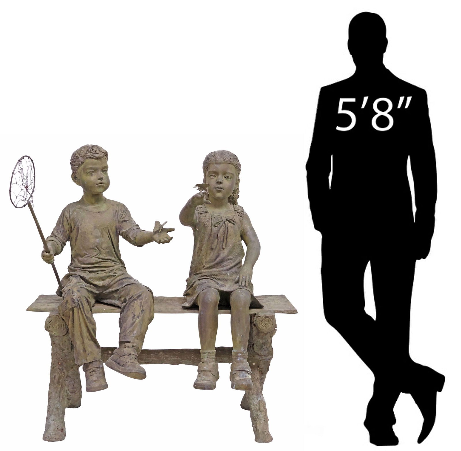 LIFE-SIZE VERDIGRIS PATINATED BRONZE GARDEN SCULPTURE, CHILDREN ON BENCH, 44"H: Life-size verdigris patinated garden sculpture, Boy and Girl on Bench, each holding a butterfly, with the boy holding a fishing net, approx 44"h, 40"w, 27"d **PLEASE NOTE: All of the cast stone and ga