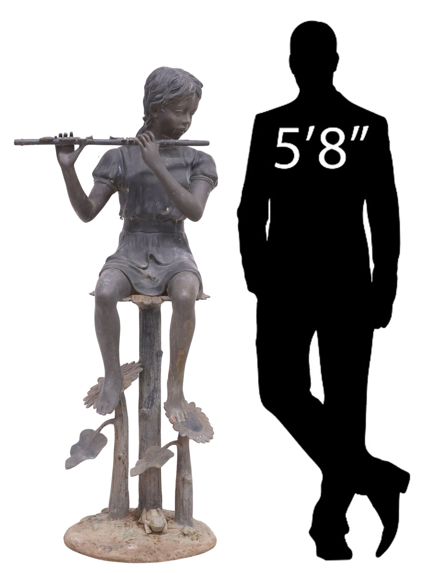 FIGURAL PATINATED BRONZE GARDEN SCULPTURE, GIRL WITH FLUTE, 59"H: Large patinated bronze garden sculpture, Girl Playing the Flute, depicting a girl seated atop a flower, flanked by flowers, rising on a naturalistic base, approx 59"h, 24.5"w, 19"d **Note: part of a n