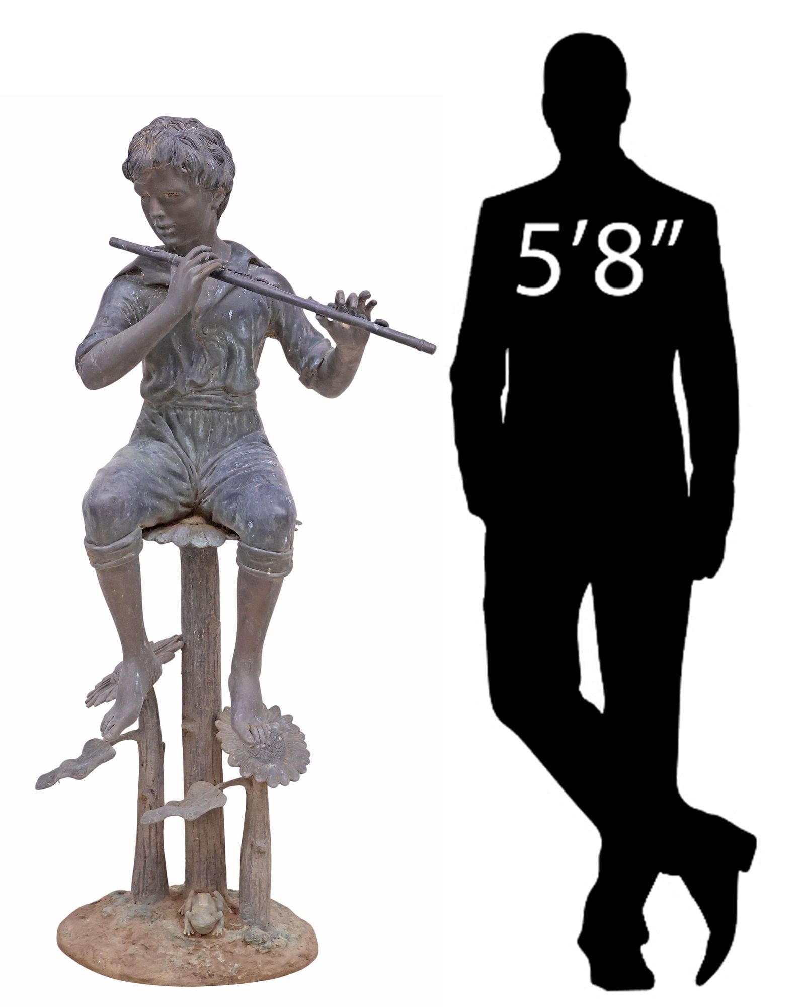FIGURAL PATINATED BRONZE GARDEN SCULPTURE, BOY WITH FLUTE, 59"H: Large patinated bronze garden sculpture, Boy Playing the Flute, depicting a boy seated atop a flower, flanked by flowers, rising on a naturalistic base, approx 59"h, 23.5"w, 18"d **Note: part of a nea
