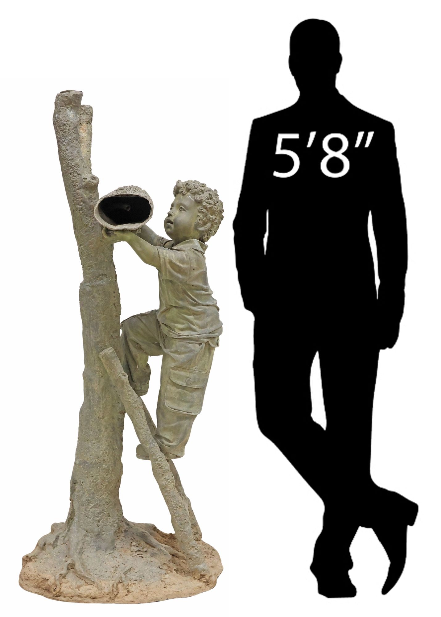 LARGE VERDIGRIS PATINATED BRONZE GARDEN FOUNTAIN, BOY ON LADDER, 58.75"H: Verdigris patinated bronze garden fountain, modeled as a boy on a ladder, holding a log, leaning against a tree, on a naturalistic base, approx 58.75"h, 19"w, 27"d **PLEASE NOTE: All of the cast stone