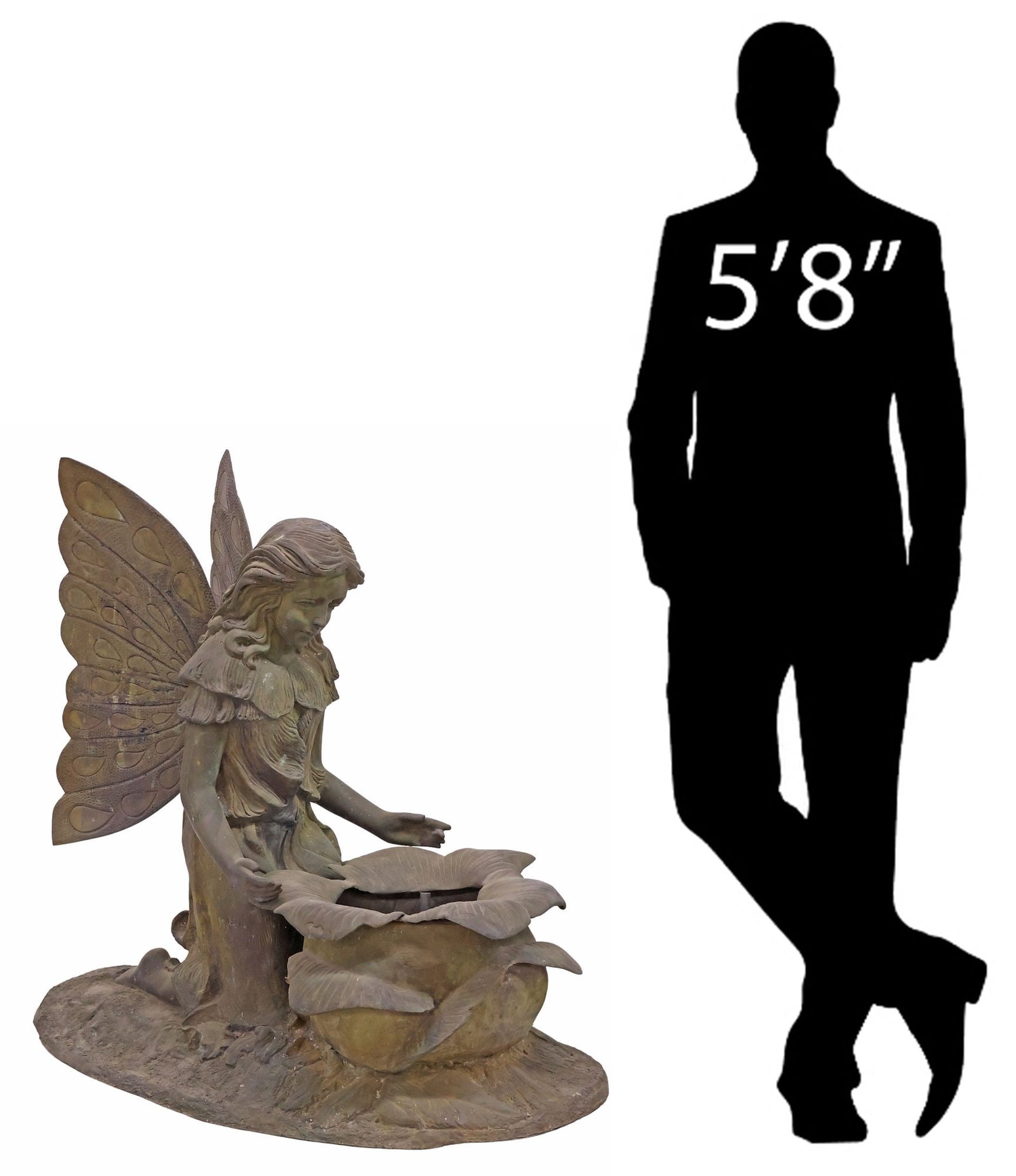 LARGE PATINATED BRONZE GARDEN FOUNTAIN, KNEELING FAIRY , 39"H: Large patinated bronze garden fountain, modeled as a fairy, kneeling over a floriform vessel, on a naturalistic base, approx 39"h, 22"w, 43"d **PLEASE NOTE: All of the cast stone and garden pieces in 