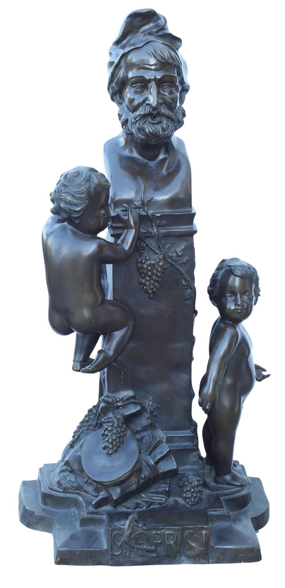 AFTER PERNOT BRONZE SCULPTURAL GARDEN FOUNTAIN: Patinated bronze garden fountain, figural group after Henri Pernot (French, 1859-1937), approx 52.5"h, 25.5"w, 18.5"d **PLEASE NOTE: All of the cast stone and garden pieces in this auction have inhere