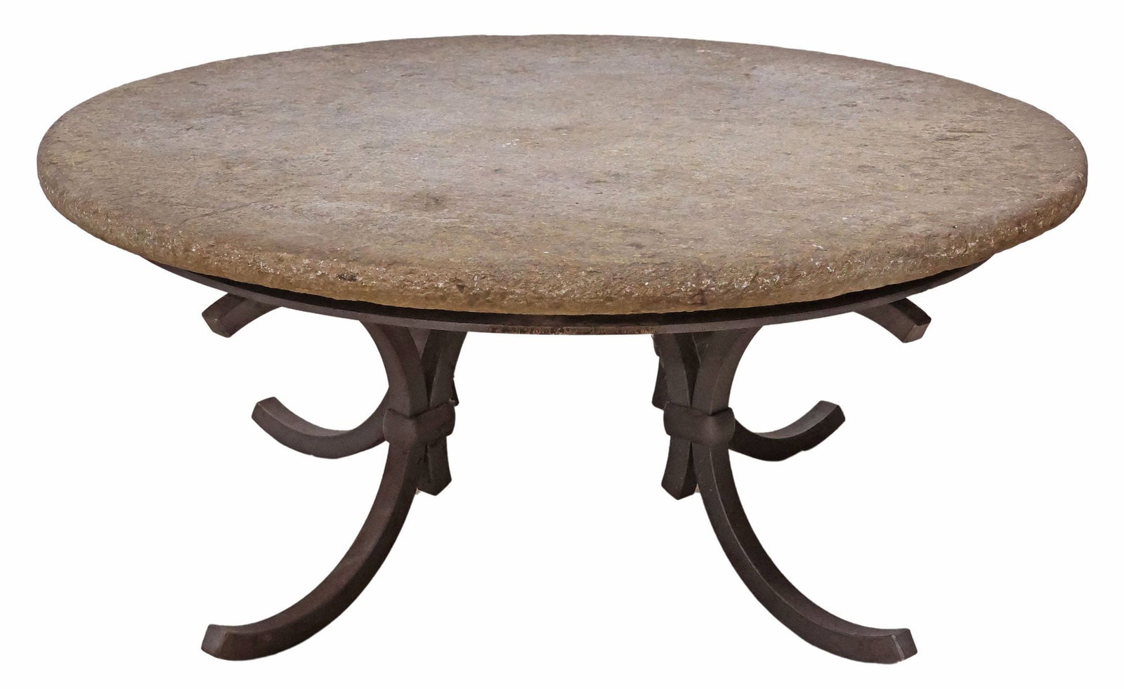ITALIAN STONE-TOP WROUGHT IRON PATIO COFFEE TABLE: Italian wrought iron patio coffee table, 20th c., having circular stone top, raised on C-scroll base, approx 17"h, 39"diam **PLEASE NOTE: All cast stone and garden pieces in this auction have inherent