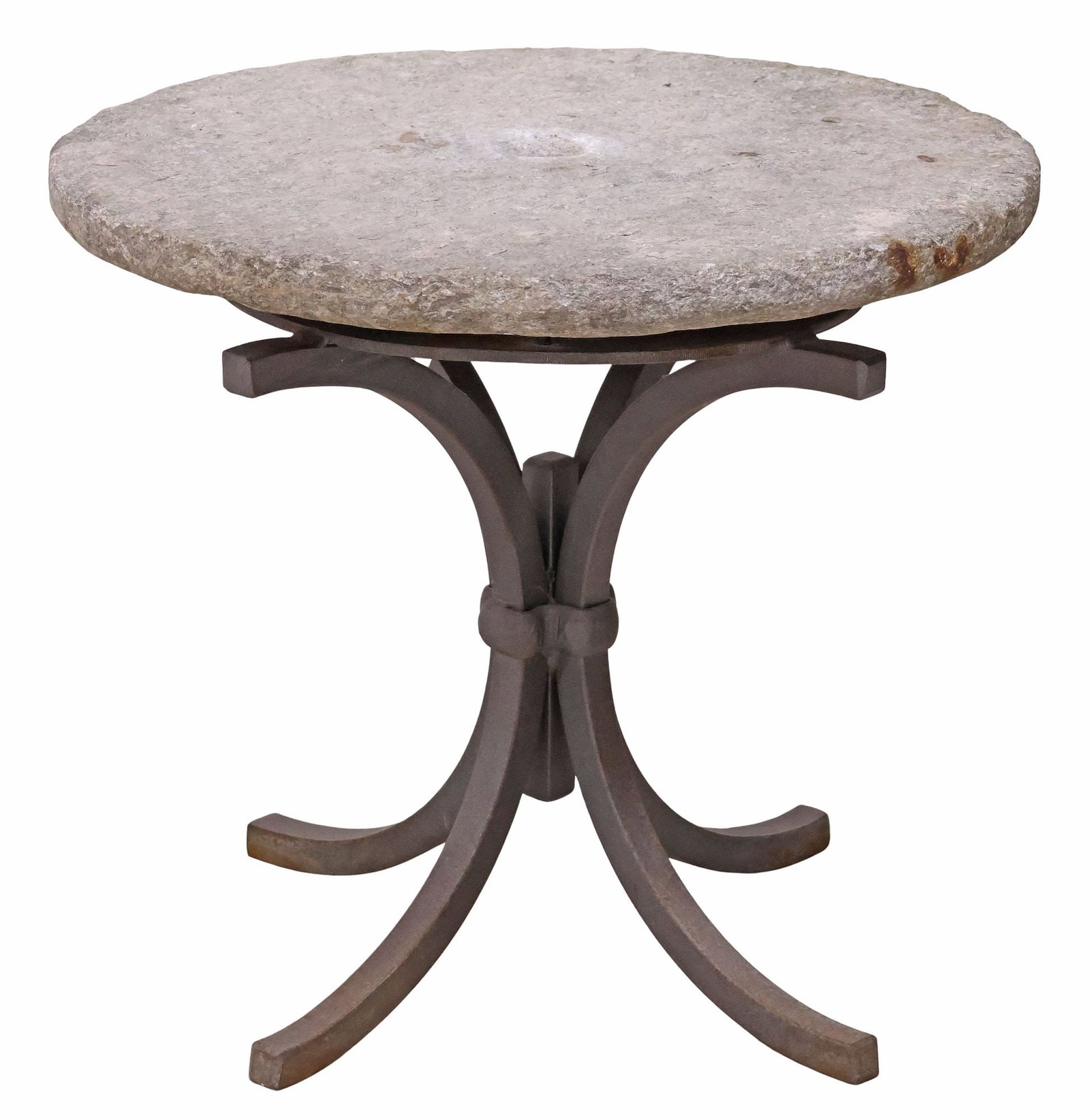 ITALIAN STONE-TOP WROUGHT IRON PATIO SIDE TABLE: Italian wrought iron patio side table, 20th c., having circular stone top with central pierced hole, rising on C-scroll base, approx 21"h, 23.5"diam **PLEASE NOTE: All cast stone and garden pieces in 