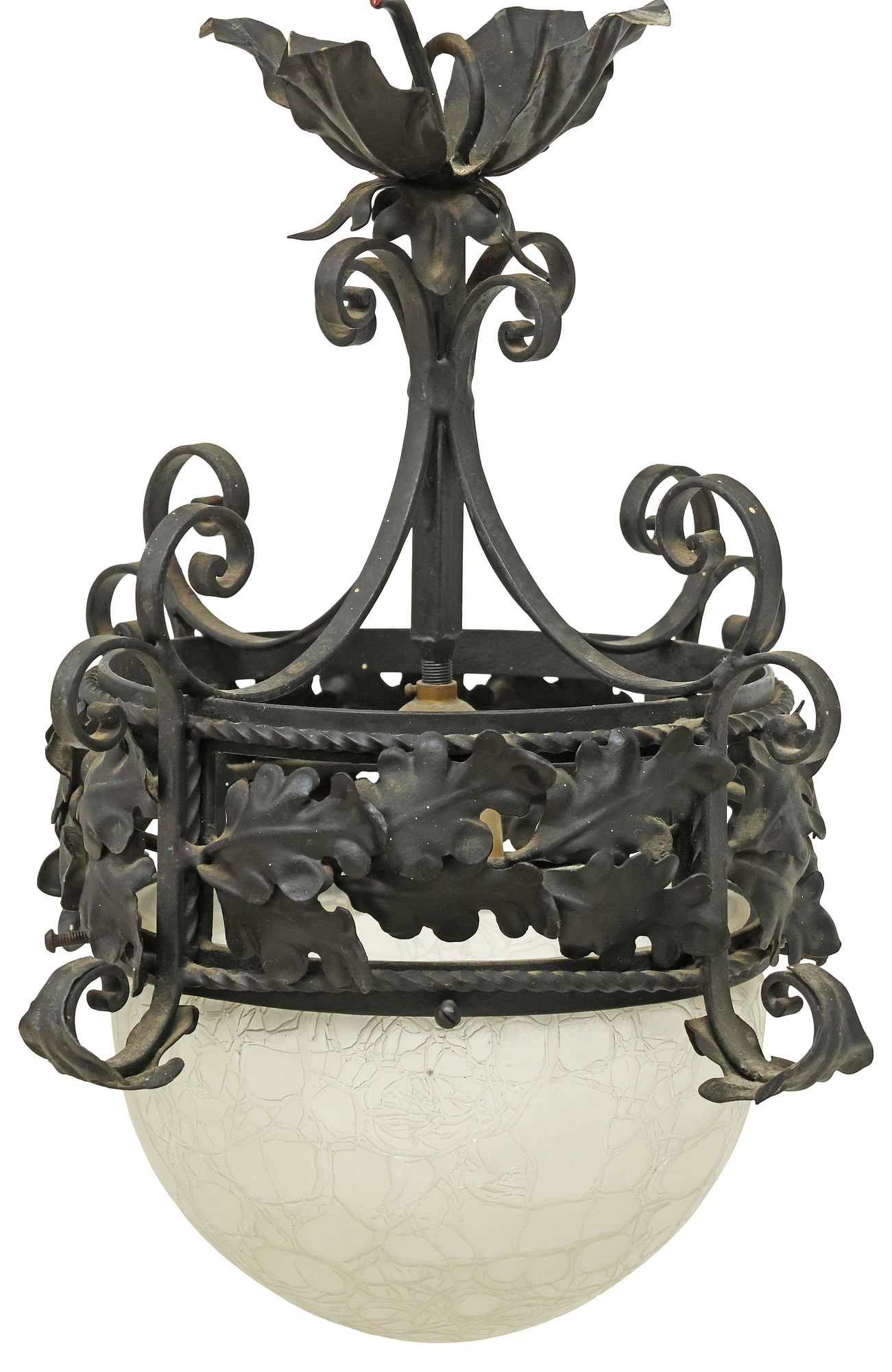 ITALIAN WROUGHT IRON & CRAQUELE ART GLASS 1-LT CEILING LAMP: Italian wrought iron one-light chandelier, 20th c., having circular frame encircled by foliates and volute scrolls, enclosing frosted craquele art glass shade and single light, in need of wiring, appr