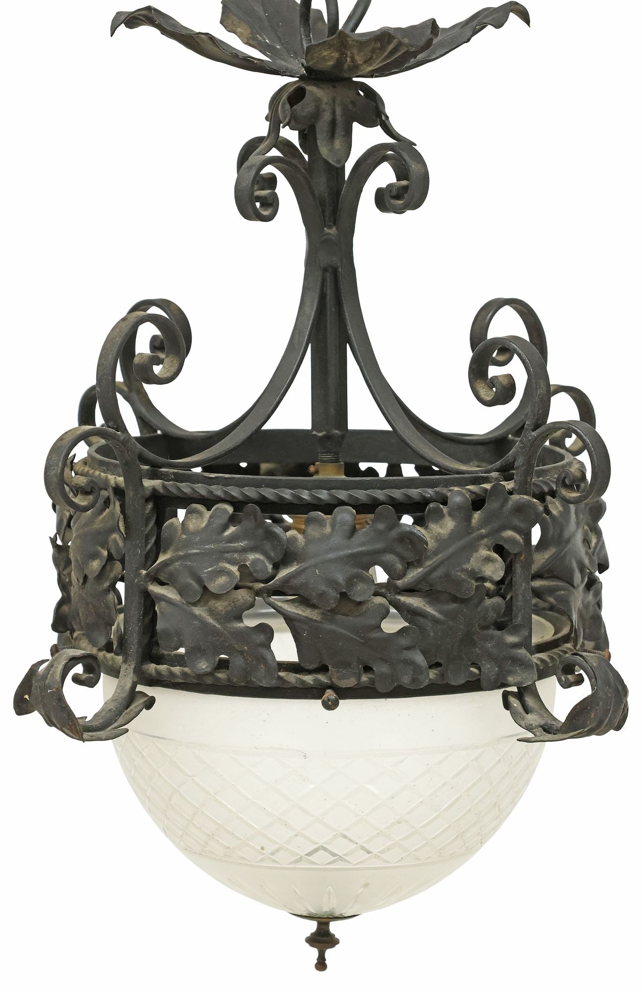 ITALIAN WROUGHT IRON & FROSTED CUT CRYSTAL 1-LIGHT CEILING LAMP: Italian wrought iron one-light chandelier, 20th c., having circular frame encircled by foliates and volute scrolls, enclosing colorless cut crystal bowl and single light, in need of wiring, approx 17.