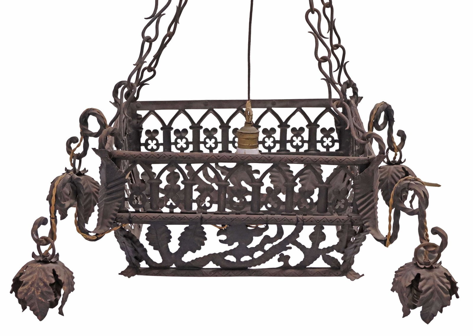 ITALIAN GOTHIC REVIVAL WROUGHT IRON 5-LIGHT CHANDELIER: Italian Gothic Revival wrought iron five-light chandelier, early 20th c., having S-scroll chains suspending openwork square frame with steepled tracery and quatrefoil motifs, enclosing central light, 